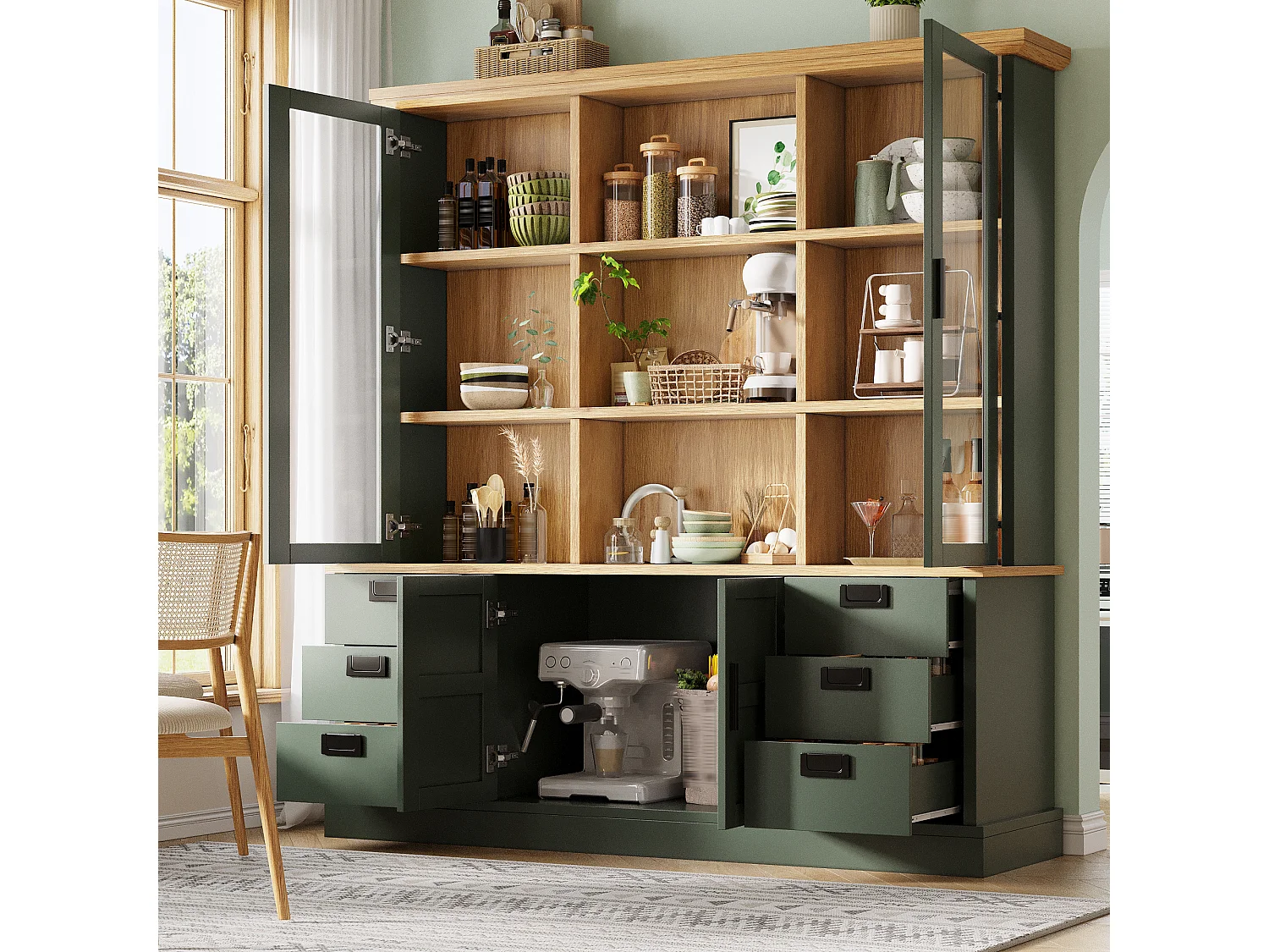 Buffet Haut de Cuisine 185cm - Vitrine avec 6 Tiroirs, Portes en Verre, Rangement Modulable, Sécurité Anti-Basculement - Vert Foncé