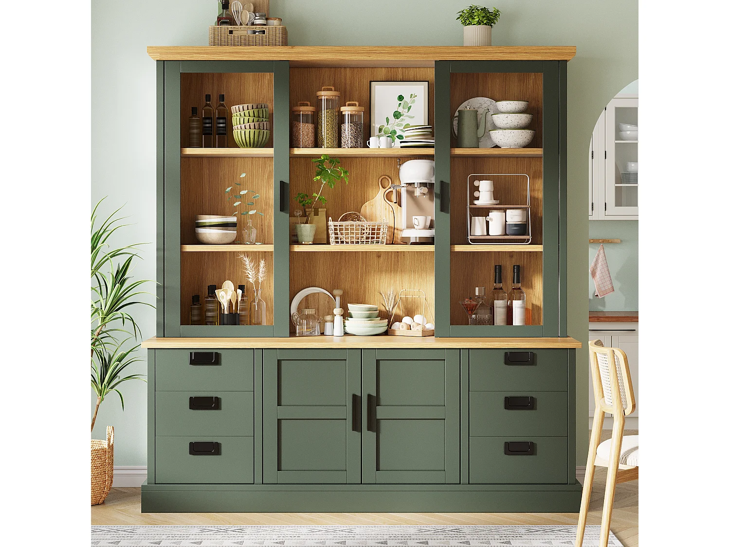 Buffet Haut de Cuisine 185cm - Vitrine avec 6 Tiroirs, Portes en Verre, Rangement Modulable, Sécurité Anti-Basculement - Vert Foncé