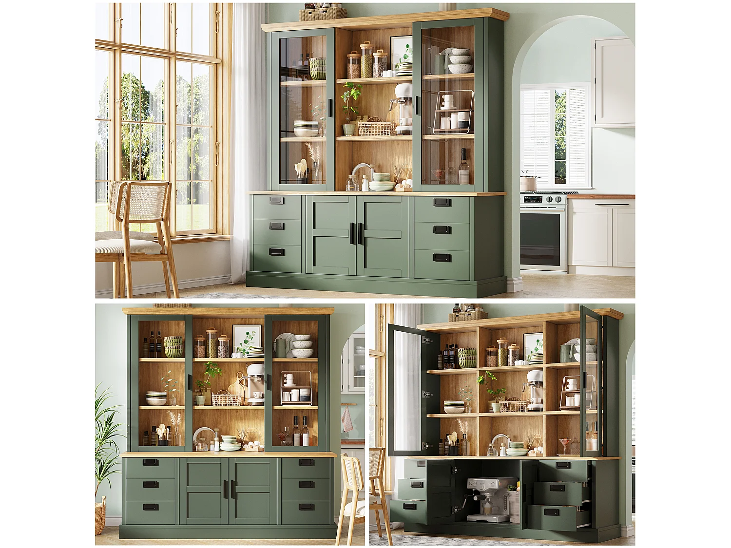 Buffet Haut de Cuisine 185cm - Vitrine avec 6 Tiroirs, Portes en Verre, Rangement Modulable, Sécurité Anti-Basculement - Vert Foncé