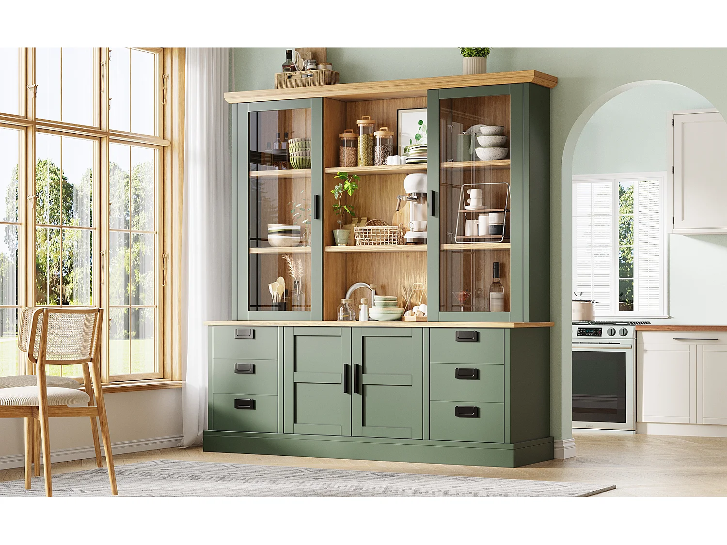 Buffet Haut de Cuisine 185cm - Vitrine avec 6 Tiroirs, Portes en Verre, Rangement Modulable, Sécurité Anti-Basculement - Vert Foncé