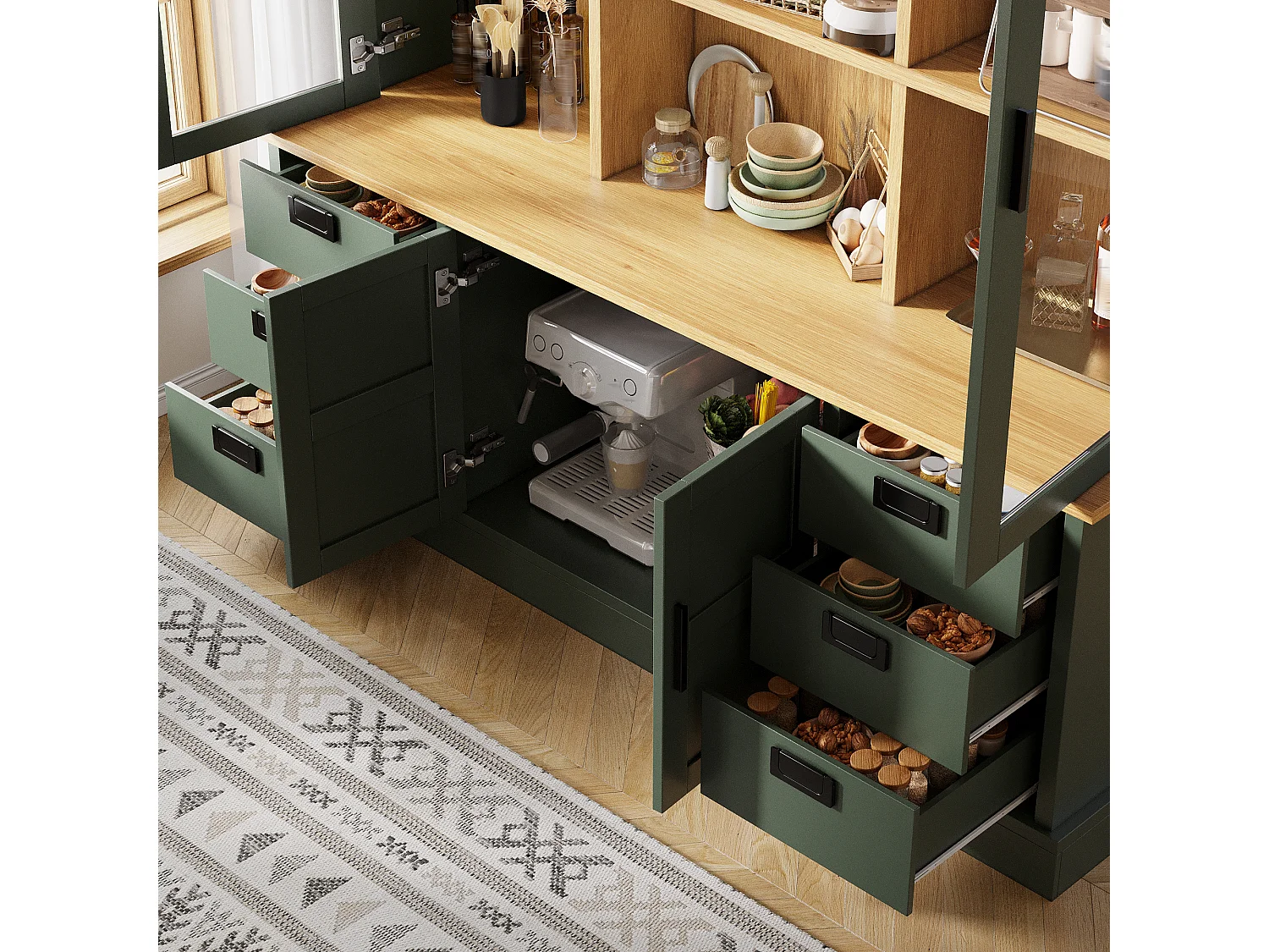 Buffet Haut de Cuisine 185cm - Vitrine avec 6 Tiroirs, Portes en Verre, Rangement Modulable, Sécurité Anti-Basculement - Vert Foncé