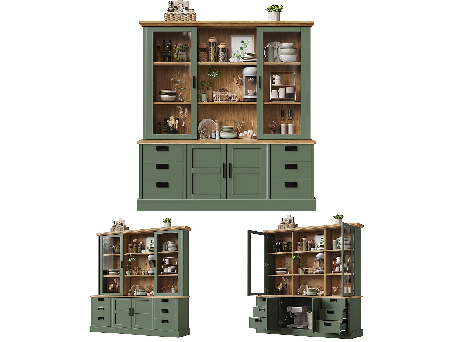 Buffet Haut de Cuisine 185cm - Vitrine avec 6 Tiroirs, Portes en Verre, Rangement Modulable, Sécurité Anti-Basculement - Vert Foncé