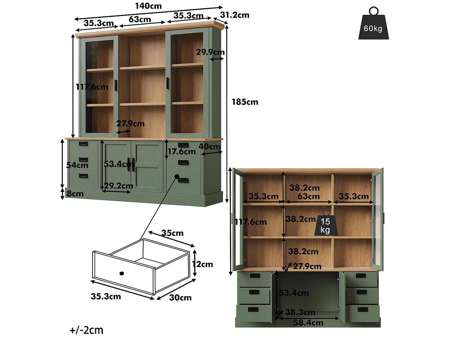 Buffet Haut de Cuisine 185cm - Vitrine avec 6 Tiroirs, Portes en Verre, Rangement Modulable, Sécurité Anti-Basculement - Vert Foncé