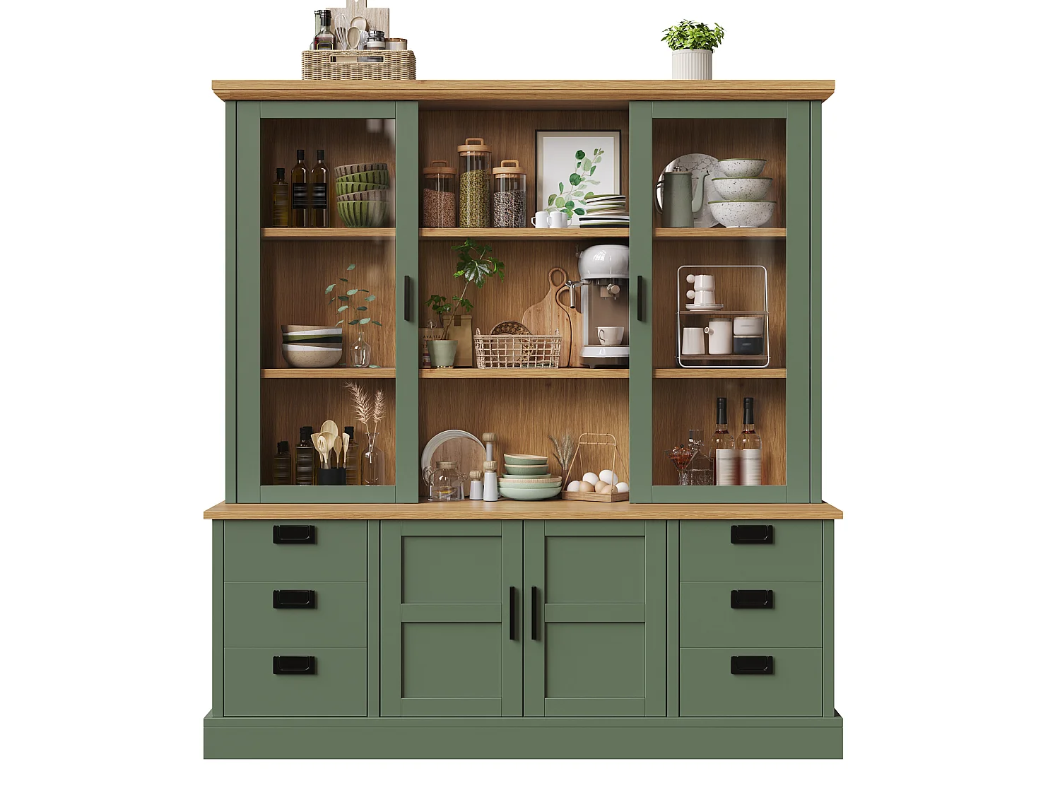 Buffet Haut de Cuisine 185cm - Vitrine avec 6 Tiroirs, Portes en Verre, Rangement Modulable, Sécurité Anti-Basculement - Vert Foncé