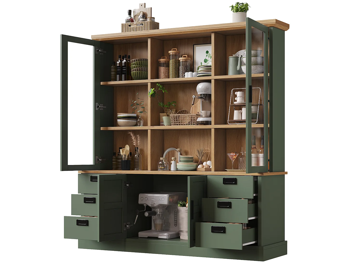 Buffet Haut de Cuisine 185cm - Vitrine avec 6 Tiroirs, Portes en Verre, Rangement Modulable, Sécurité Anti-Basculement - Vert Foncé