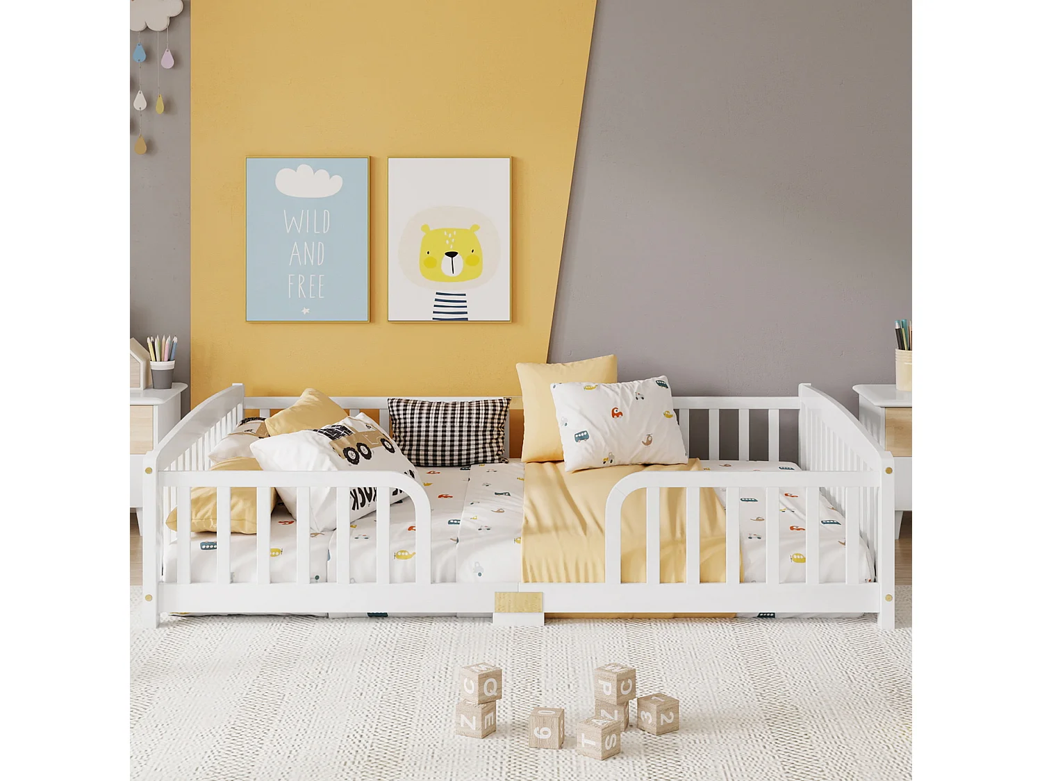 Lit au sol enfant 140x200 cm en pin - Sans sommier à lattes - Blanc