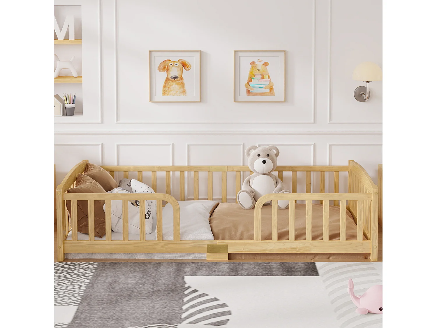 Lit au sol enfant 90x200 cm en pin - Sans sommier à lattes - Naturel clair