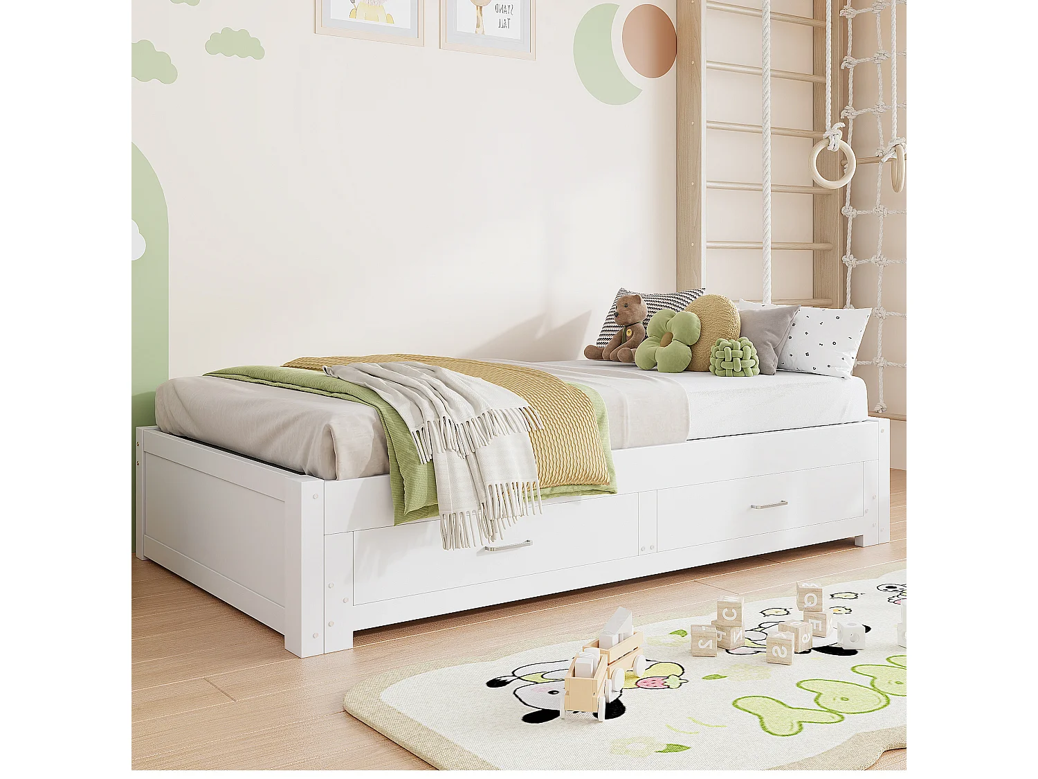 Lit banquette extensible 90/180x190 cm en bois avec 2 tiroirs - Sans tête de lit - Blanc