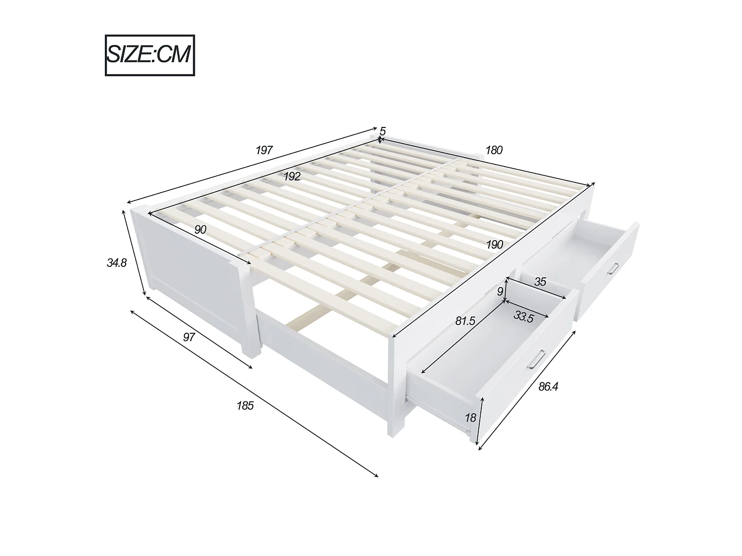 Lit banquette extensible 90/180x190 cm en bois avec 2 tiroirs - Sans tête de lit - Blanc