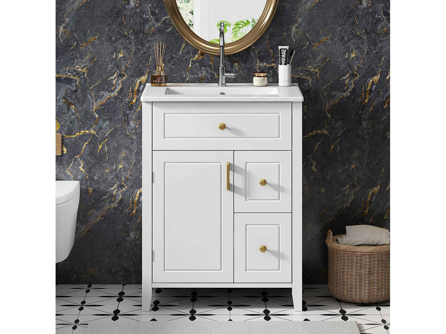 Meuble de Salle de Bain 61cm avec Vasque en Céramique - Ensemble sous-vasque sur pieds, Tiroirs & Porte, Design Moderne - Blanc Brillant/Or