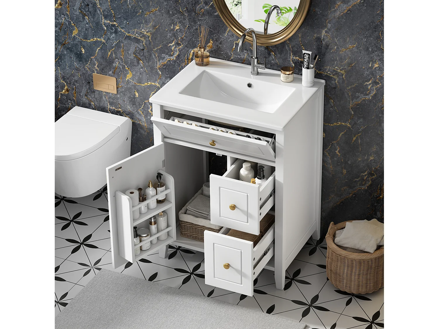 Meuble de Salle de Bain 61cm avec Vasque en Céramique - Ensemble sous-vasque sur pieds, Tiroirs & Porte, Design Moderne - Blanc Brillant/Or