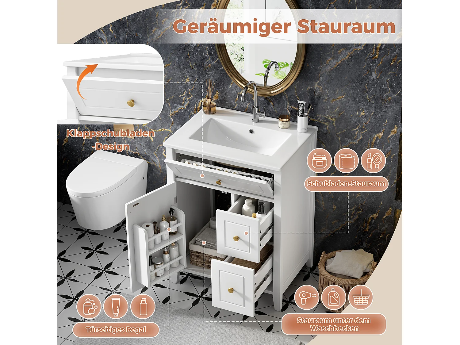 Meuble de Salle de Bain 61cm avec Vasque en Céramique - Ensemble sous-vasque sur pieds, Tiroirs & Porte, Design Moderne - Blanc Brillant/Or