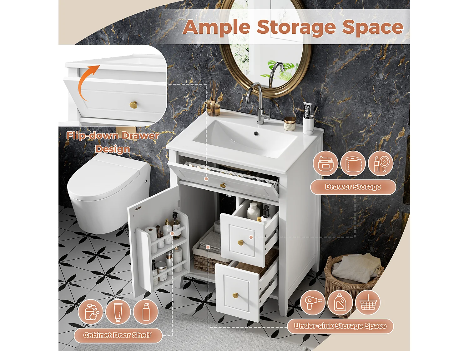 Meuble de Salle de Bain 61cm avec Vasque en Céramique - Ensemble sous-vasque sur pieds, Tiroirs & Porte, Design Moderne - Blanc Brillant/Or