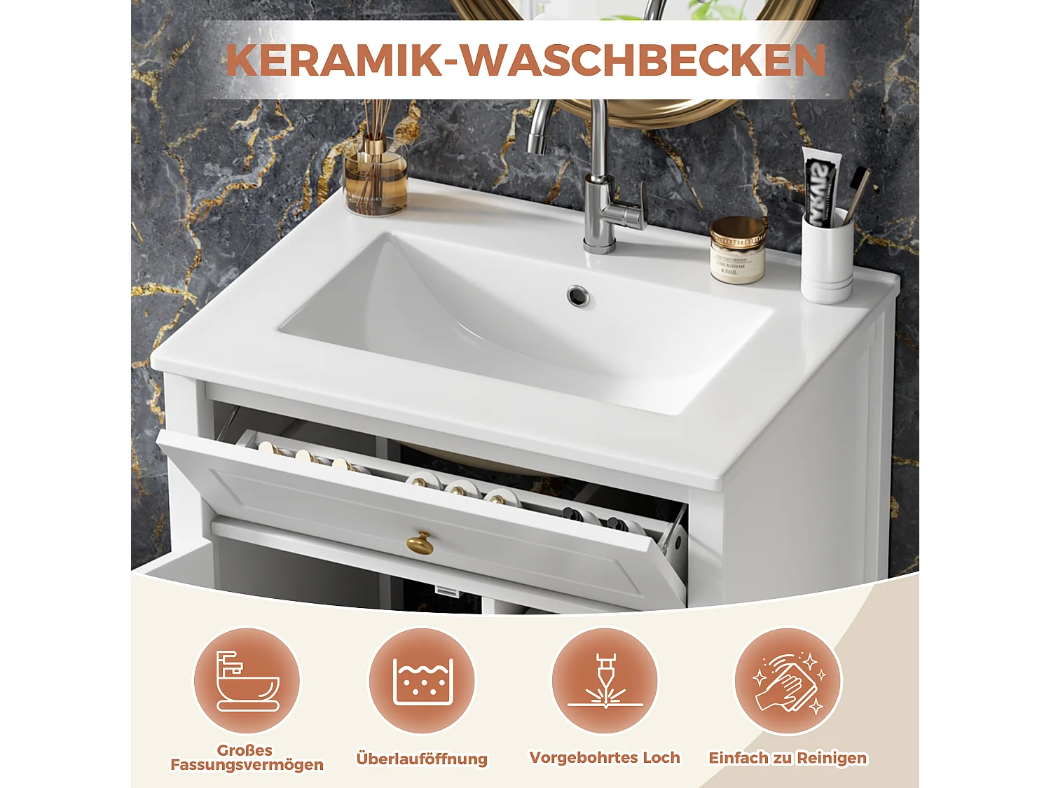 Meuble de Salle de Bain 61cm avec Vasque en Céramique - Ensemble sous-vasque sur pieds, Tiroirs & Porte, Design Moderne - Blanc Brillant/Or