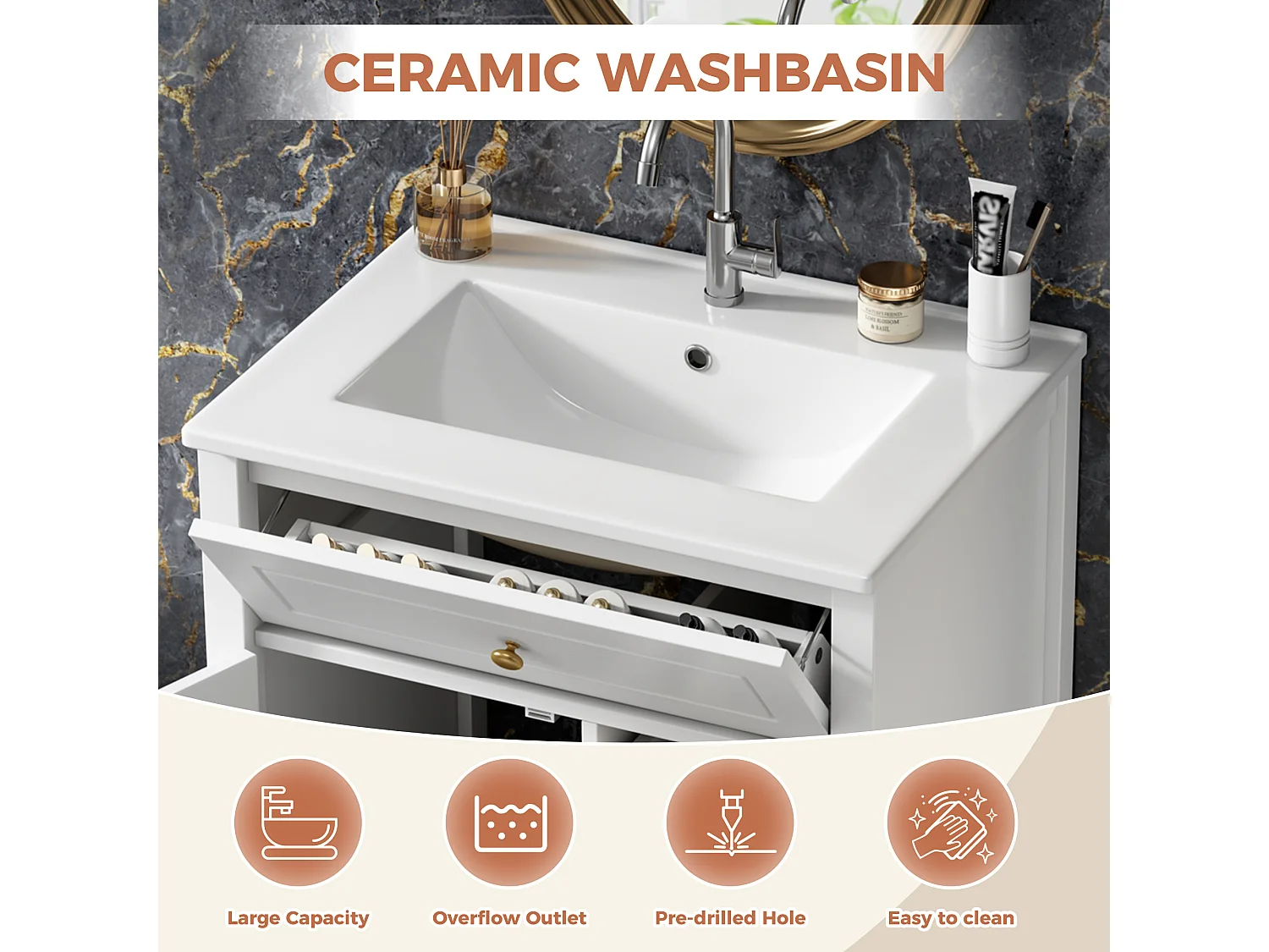 Meuble de Salle de Bain 61cm avec Vasque en Céramique - Ensemble sous-vasque sur pieds, Tiroirs & Porte, Design Moderne - Blanc Brillant/Or