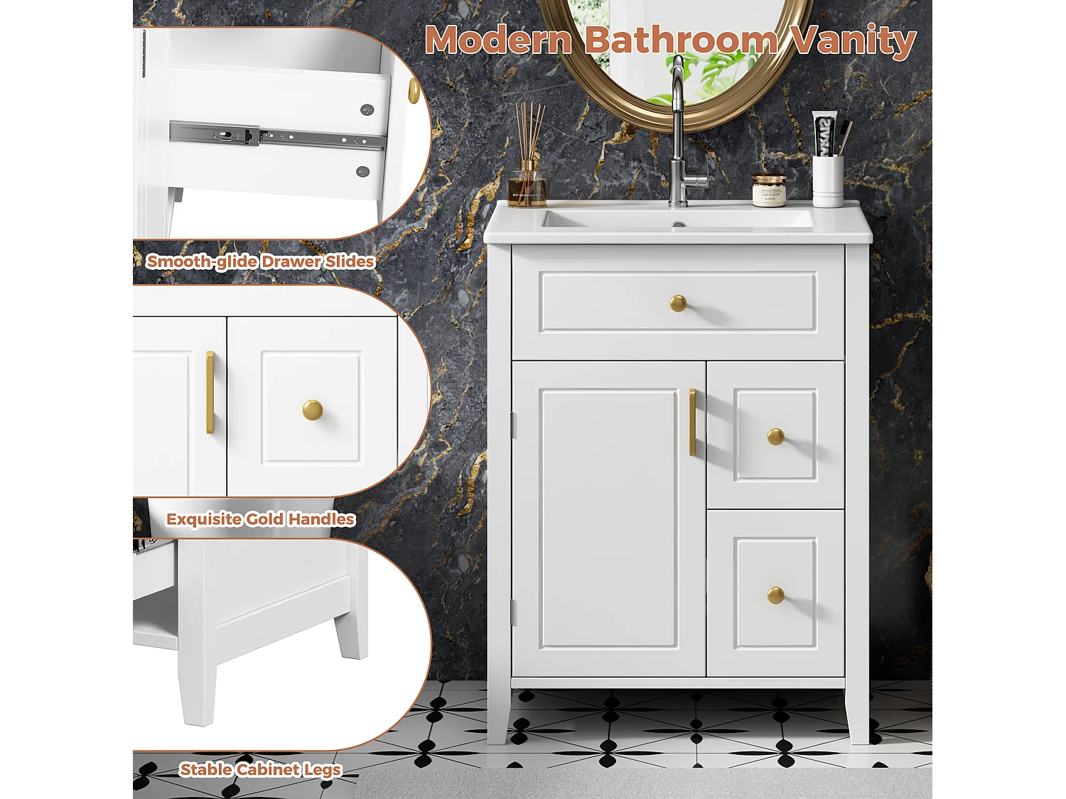 Meuble de Salle de Bain 61cm avec Vasque en Céramique - Ensemble sous-vasque sur pieds, Tiroirs & Porte, Design Moderne - Blanc Brillant/Or
