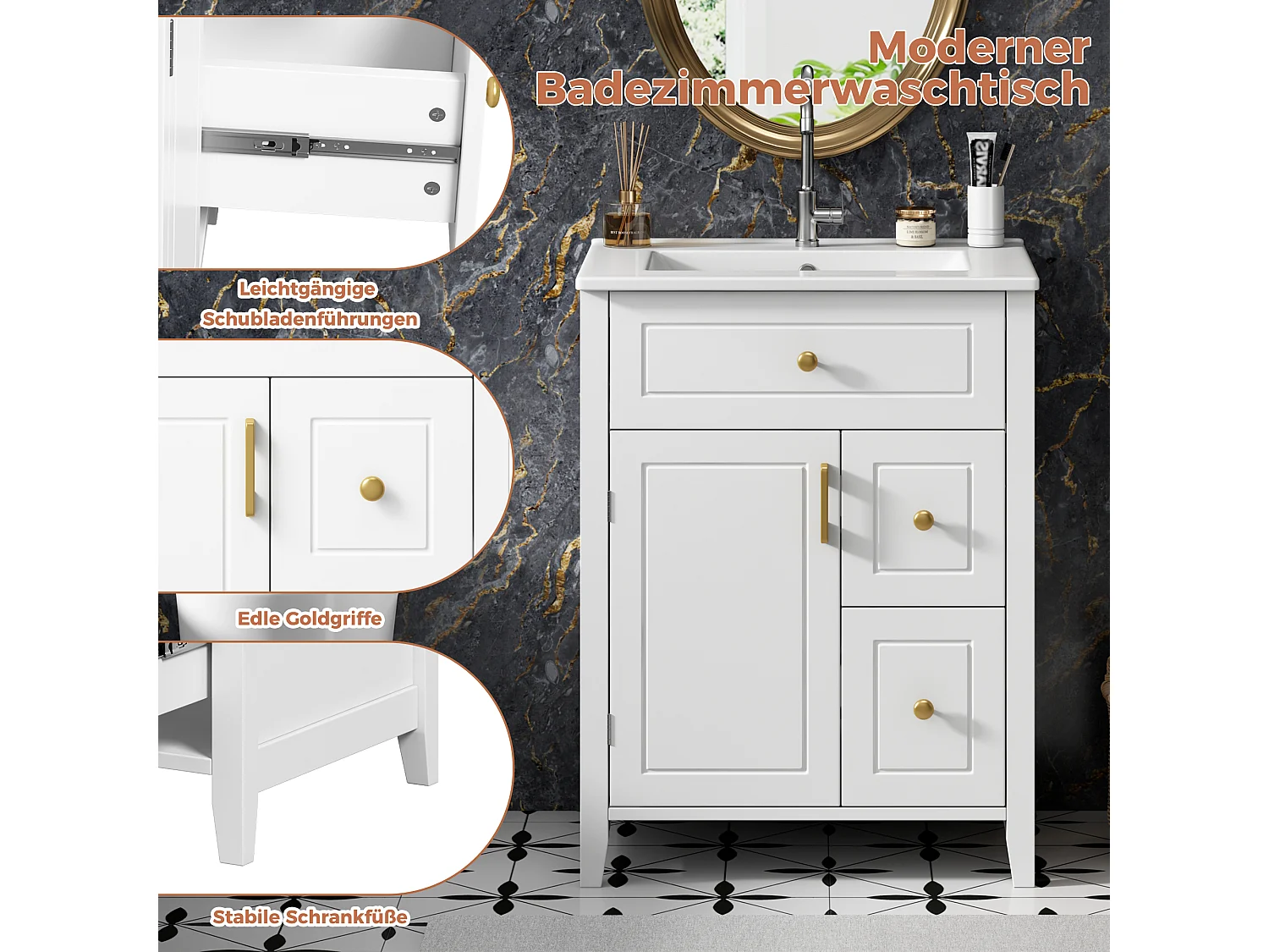 Meuble de Salle de Bain 61cm avec Vasque en Céramique - Ensemble sous-vasque sur pieds, Tiroirs & Porte, Design Moderne - Blanc Brillant/Or