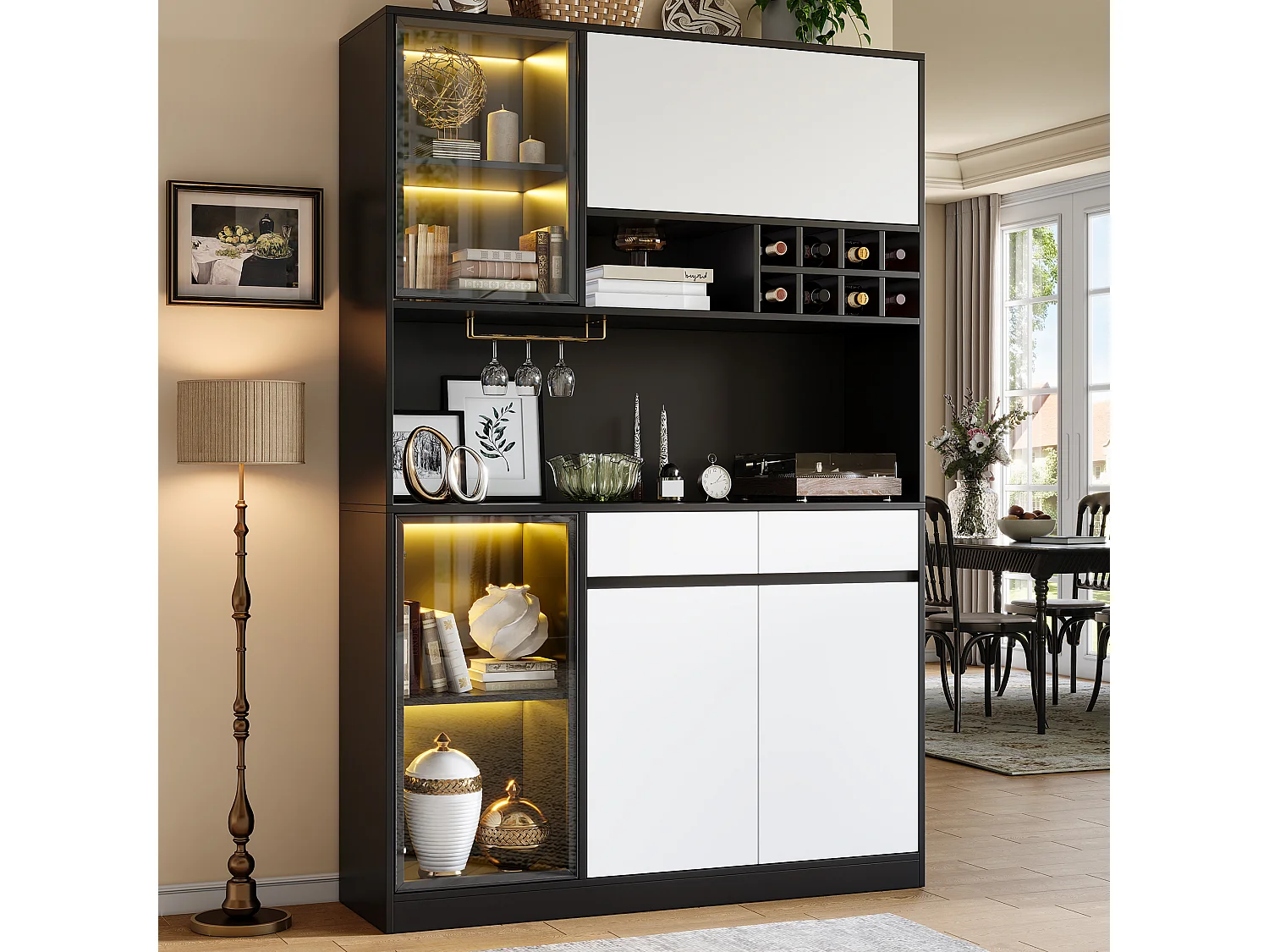 Großer Buffetschrank H 120x35x180cm - Vitrine mit LED-Beleuchtung, Flaschenregalen, Glastüren & mehreren Ablagen, Moderner Stil - Schwarz und Weiß