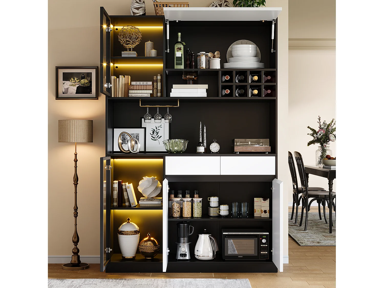 Großer Buffetschrank H 120x35x180cm - Vitrine mit LED-Beleuchtung, Flaschenregalen, Glastüren & mehreren Ablagen, Moderner Stil - Schwarz und Weiß