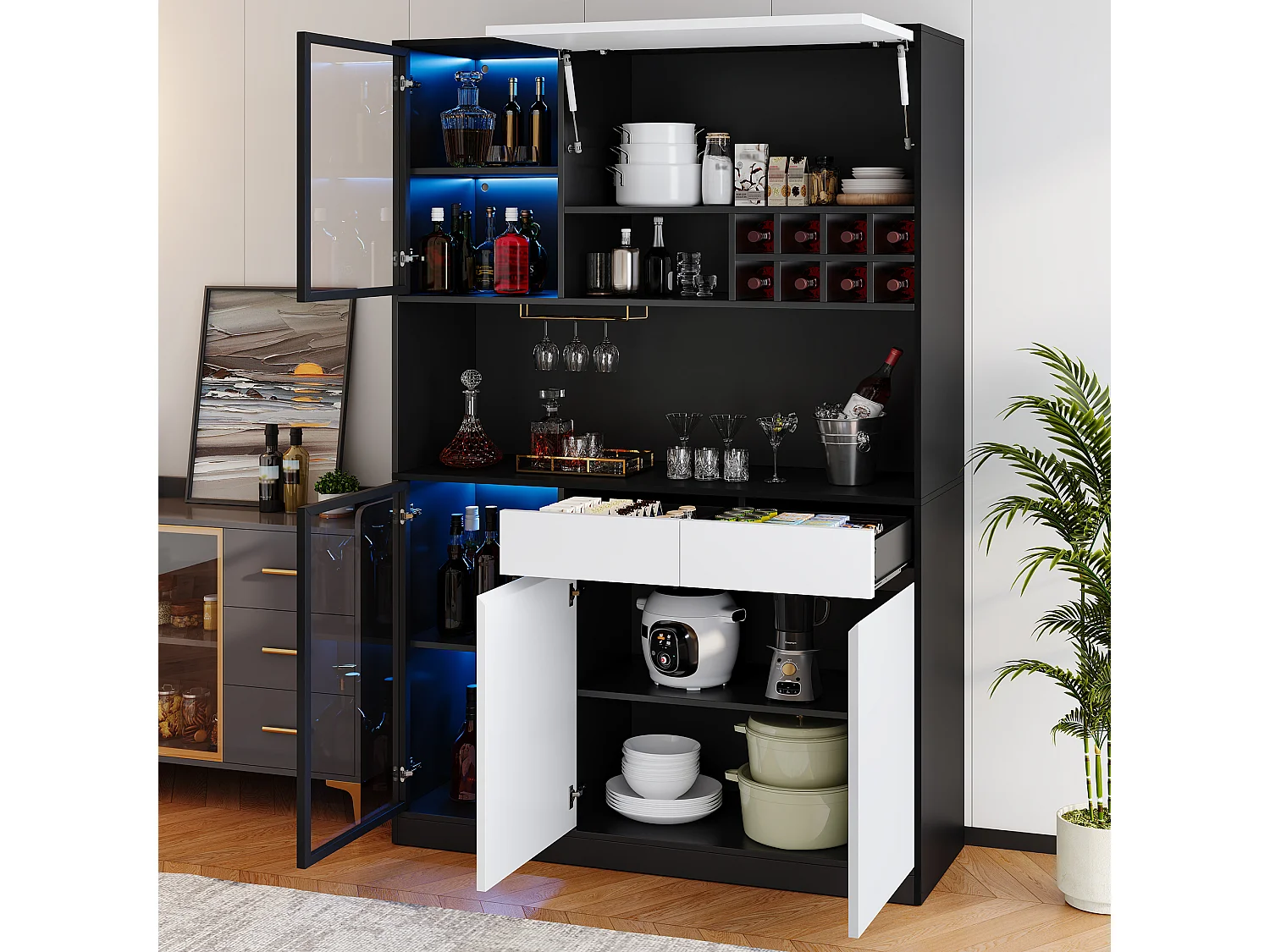 Großer Buffetschrank H 120x35x180cm - Vitrine mit LED-Beleuchtung, Flaschenregalen, Glastüren & mehreren Ablagen, Moderner Stil - Schwarz und Weiß