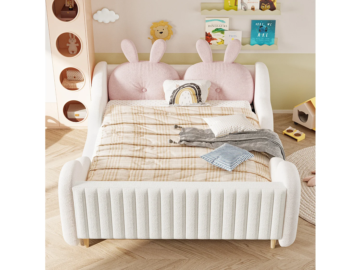 Letto matrimoniale per bambini 140x200 cm con cuscino a forma di coniglio e sponde a forma di nuvola - Tessuto Teddy bianco