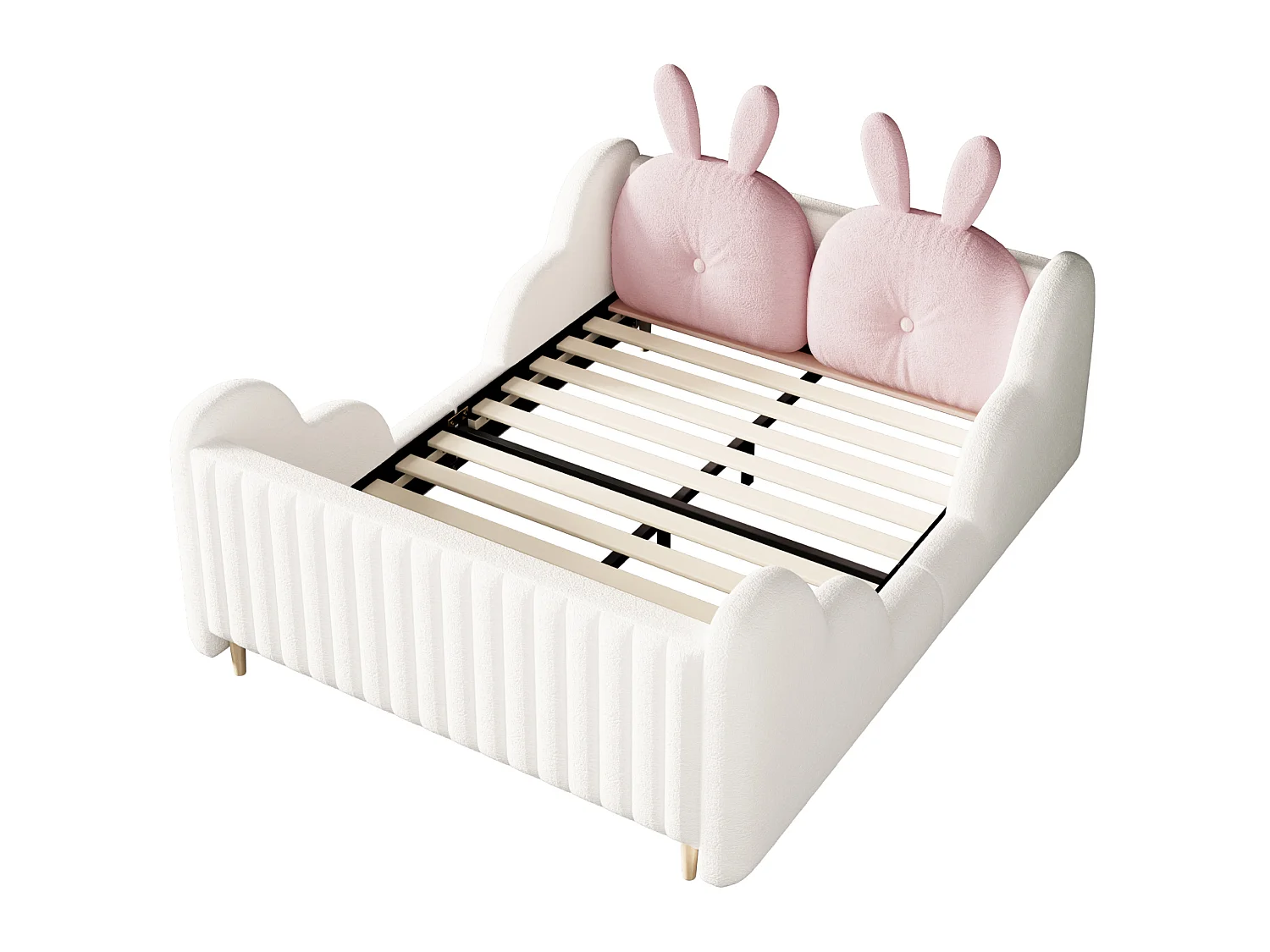 Letto matrimoniale per bambini 140x200 cm con cuscino a forma di coniglio e sponde a forma di nuvola - Tessuto Teddy bianco