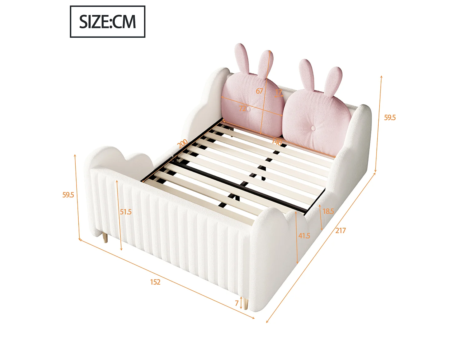 Letto matrimoniale per bambini 140x200 cm con cuscino a forma di coniglio e sponde a forma di nuvola - Tessuto Teddy bianco