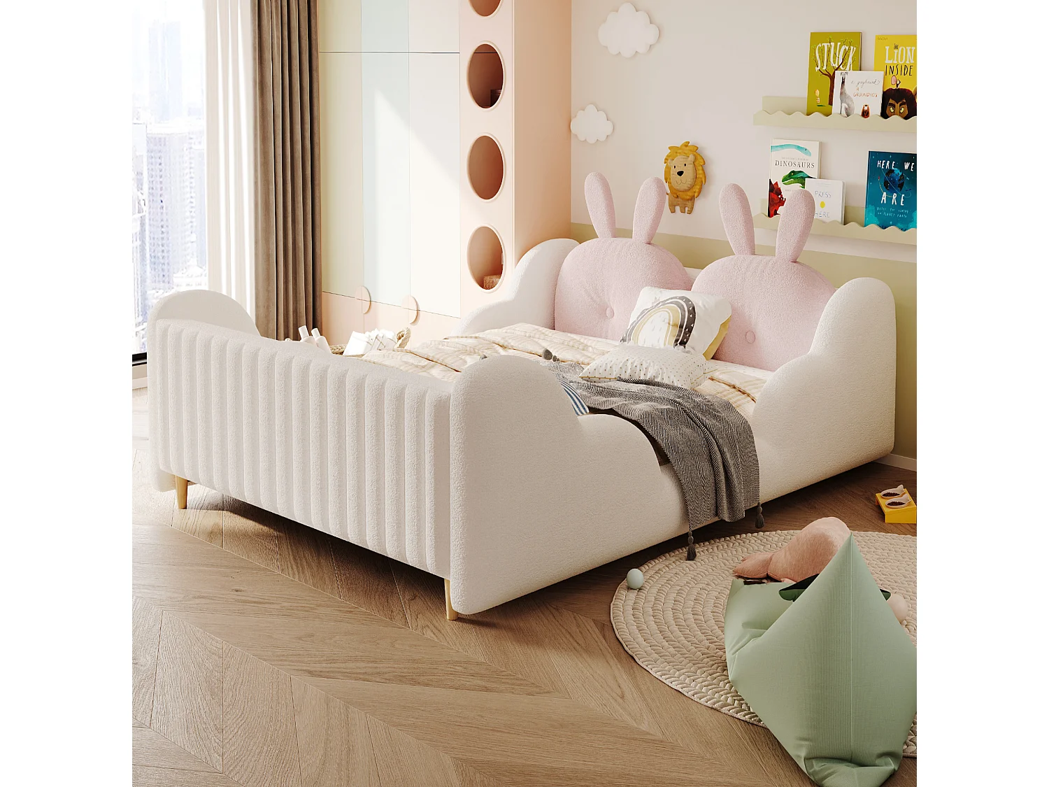 Letto matrimoniale per bambini 140x200 cm con cuscino a forma di coniglio e sponde a forma di nuvola - Tessuto Teddy bianco