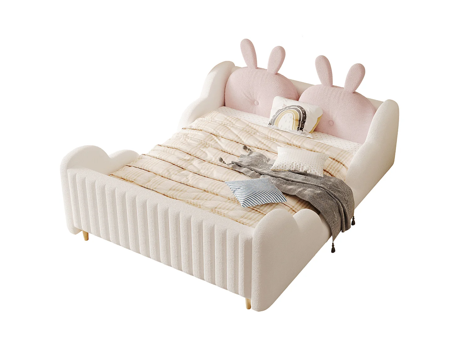 Letto matrimoniale per bambini 140x200 cm con cuscino a forma di coniglio e sponde a forma di nuvola - Tessuto Teddy bianco