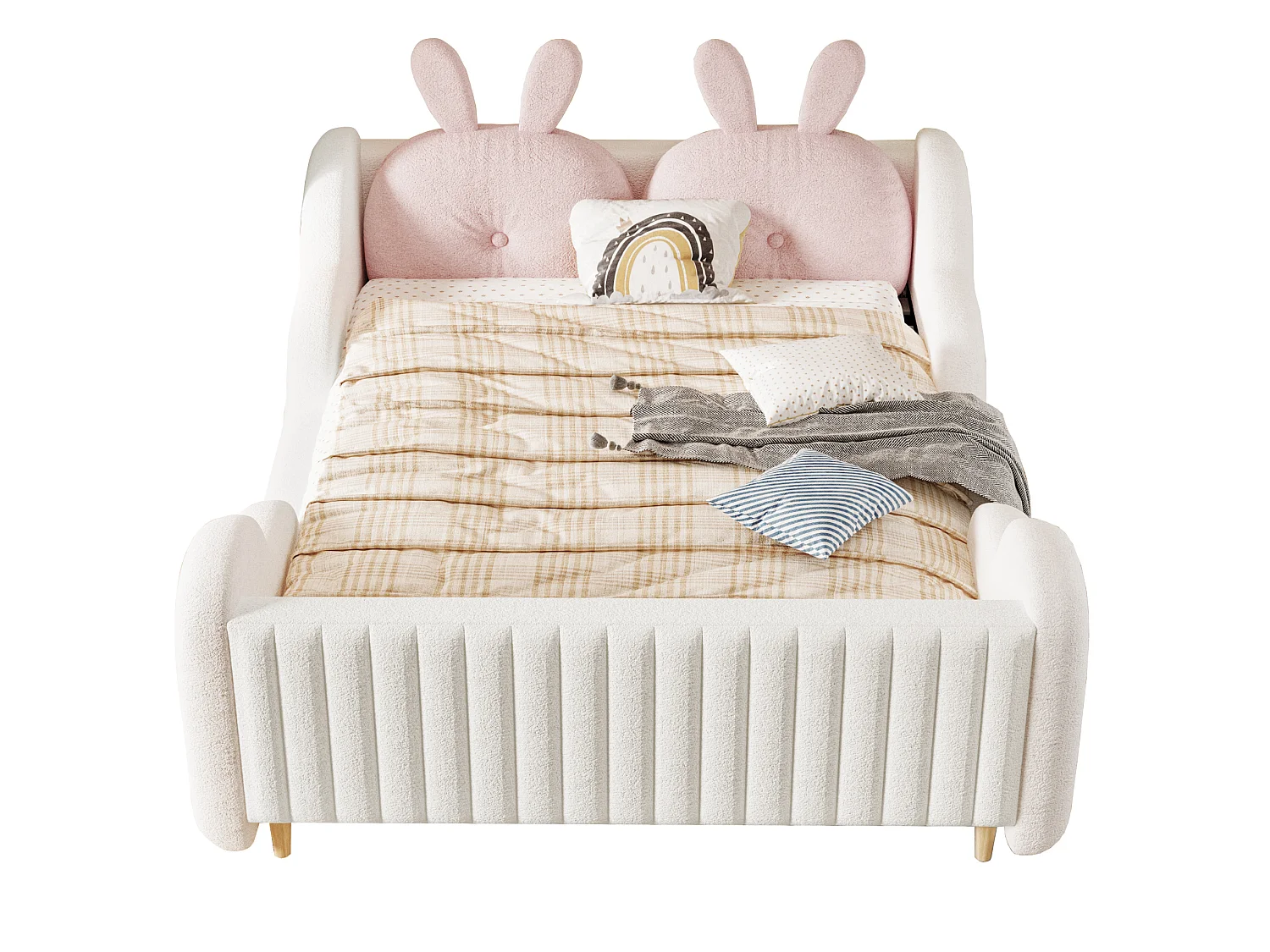 Letto matrimoniale per bambini 140x200 cm con cuscino a forma di coniglio e sponde a forma di nuvola - Tessuto Teddy bianco