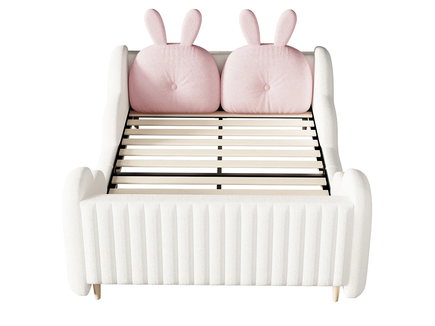 Letto matrimoniale per bambini 140x200 cm con cuscino a forma di coniglio e sponde a forma di nuvola - Tessuto Teddy bianco