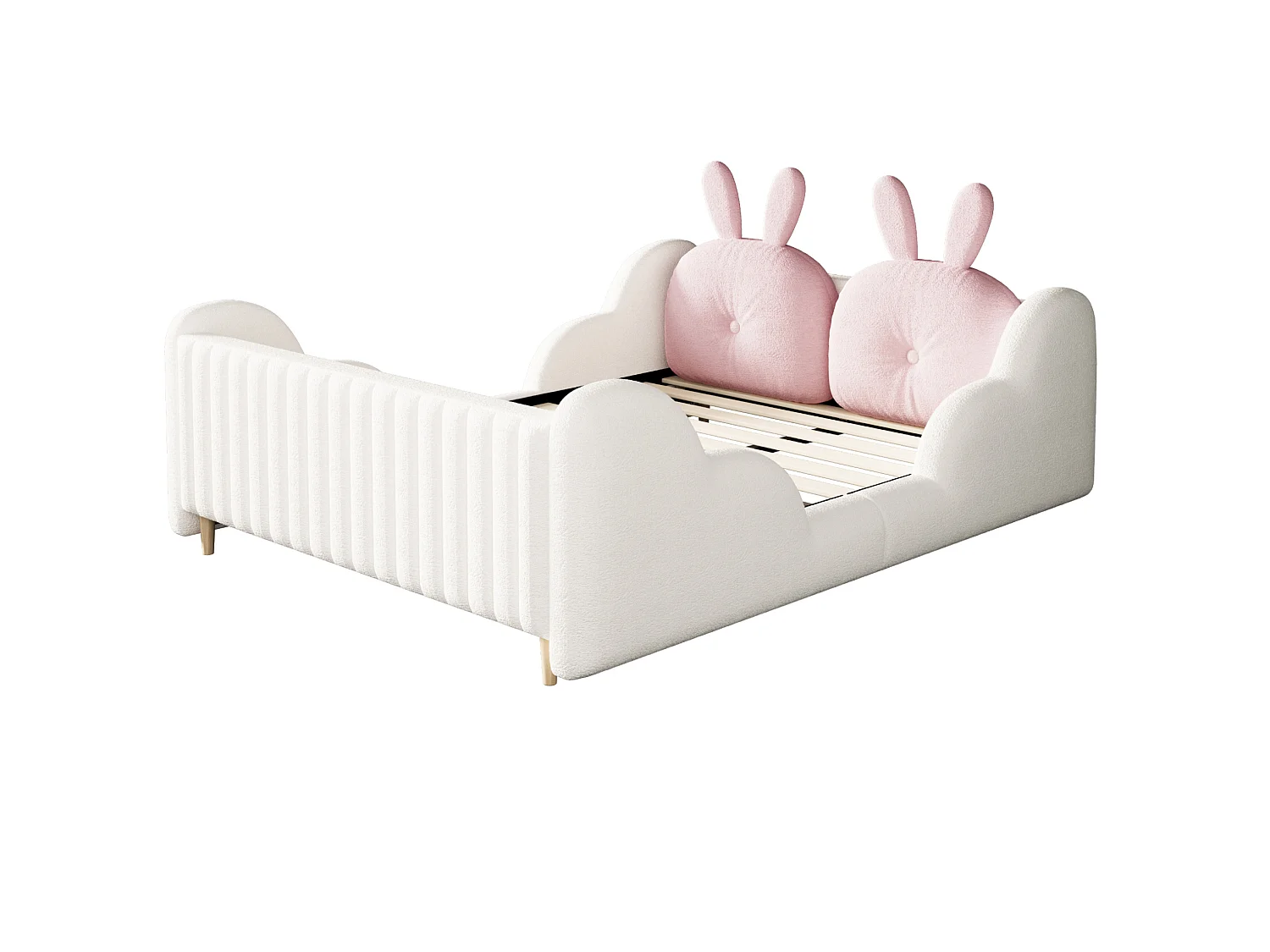 Letto matrimoniale per bambini 140x200 cm con cuscino a forma di coniglio e sponde a forma di nuvola - Tessuto Teddy bianco