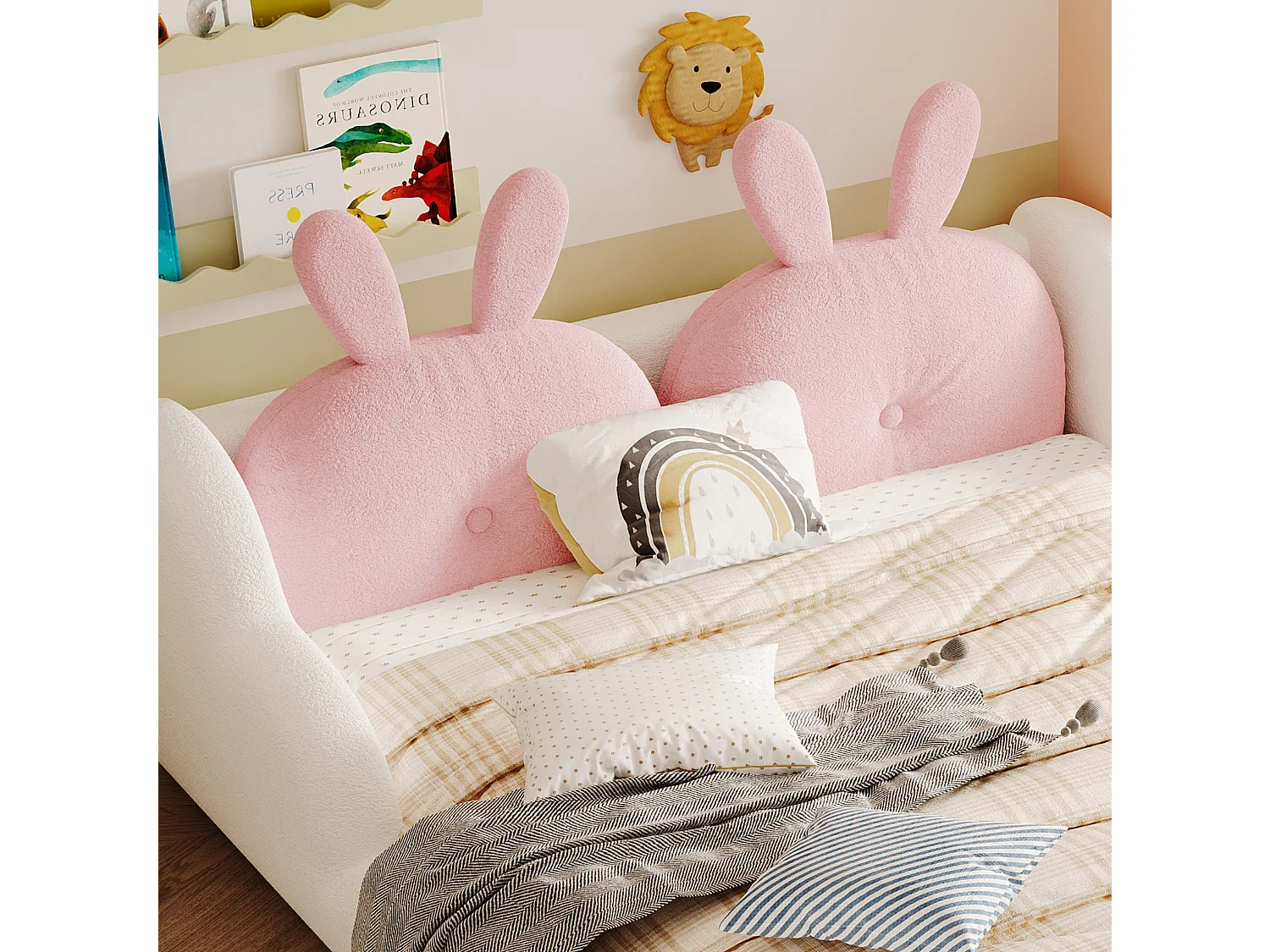 Letto matrimoniale per bambini 140x200 cm con cuscino a forma di coniglio e sponde a forma di nuvola - Tessuto Teddy bianco
