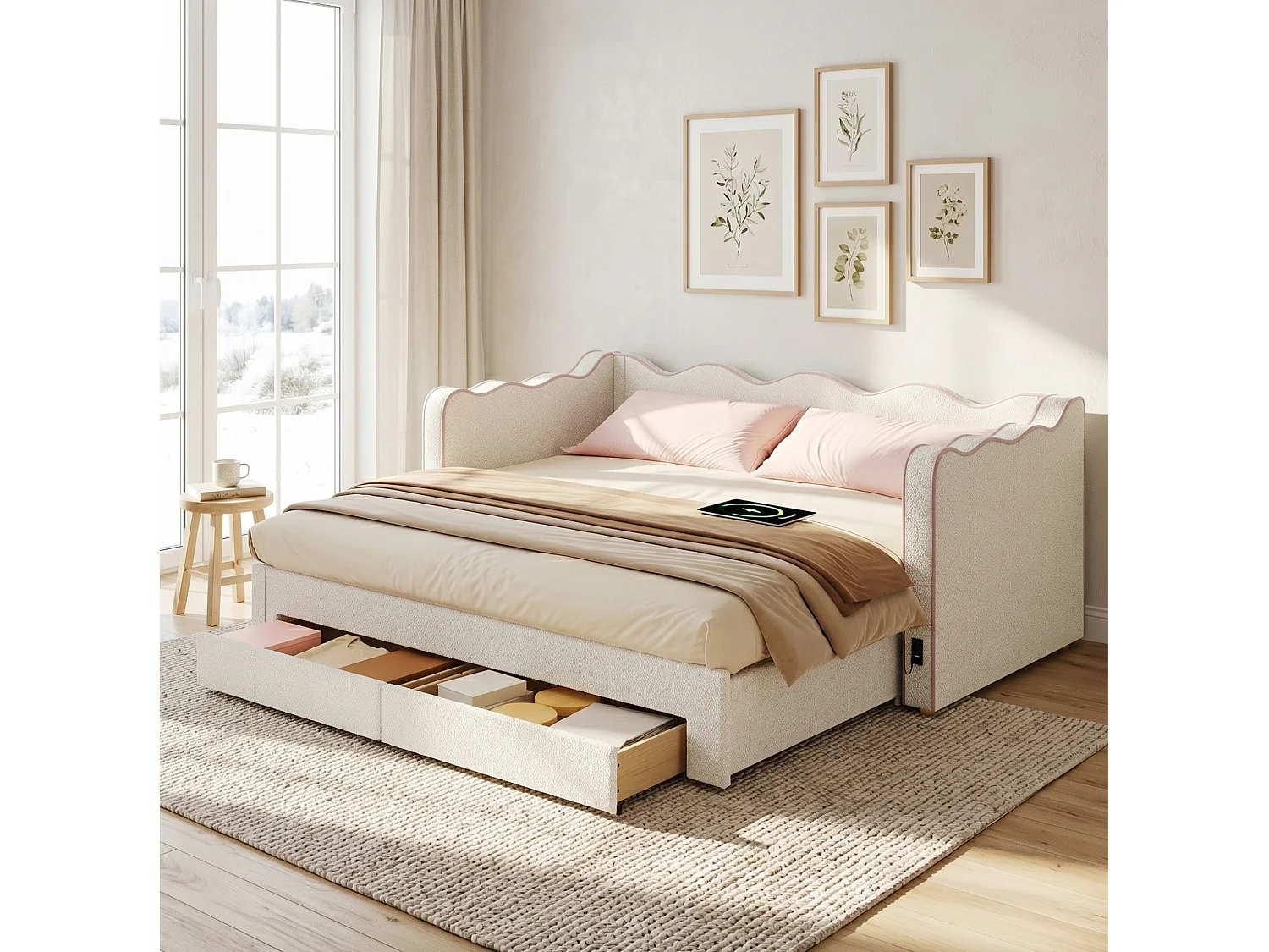 Sofá-cama de criança 90x200/180x200 cm com USB/Tipo-C e 2 gavetas - Tecido bouclé bege