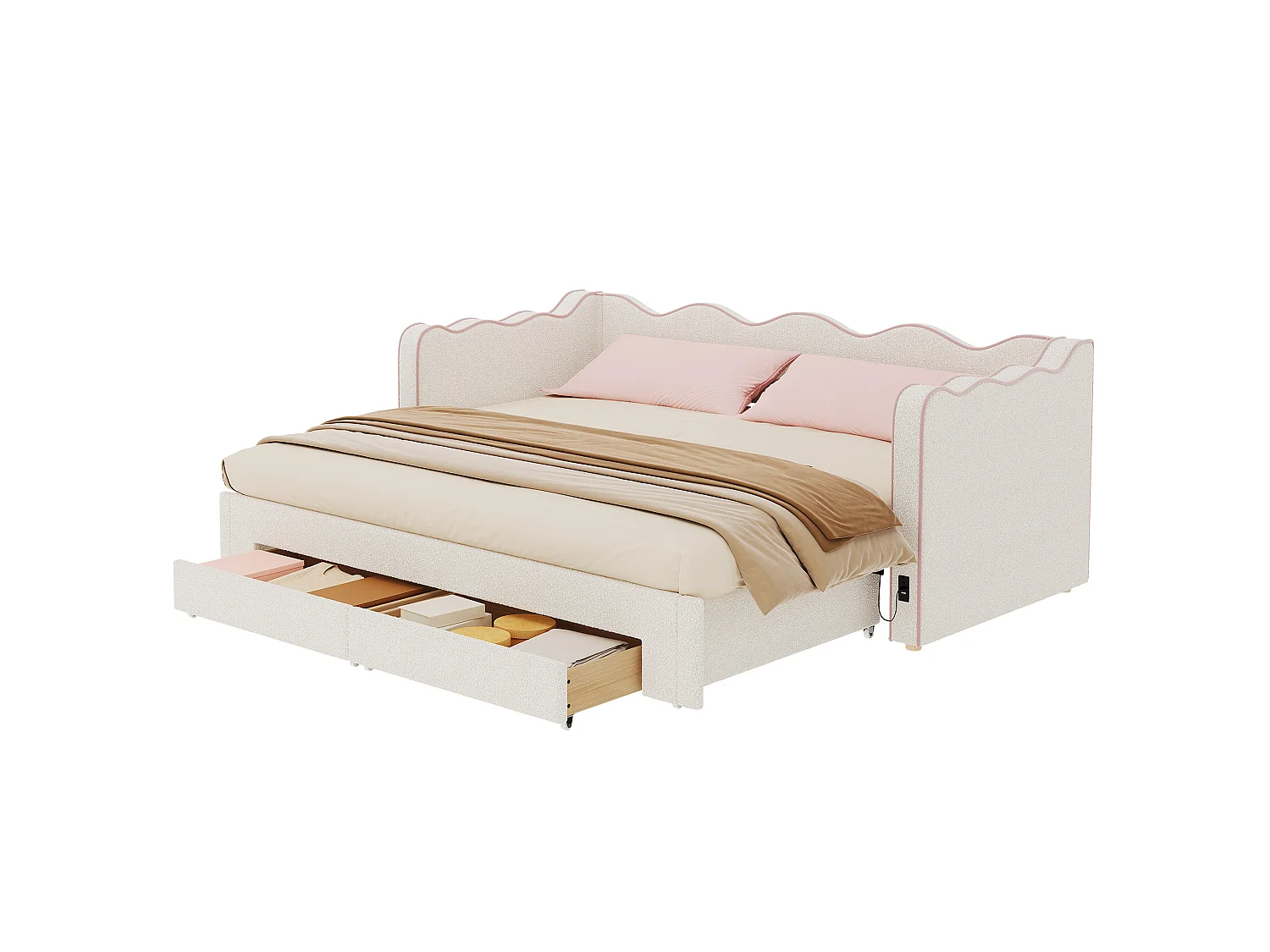 Sofá-cama de criança 90x200/180x200 cm com USB/Tipo-C e 2 gavetas - Tecido bouclé bege