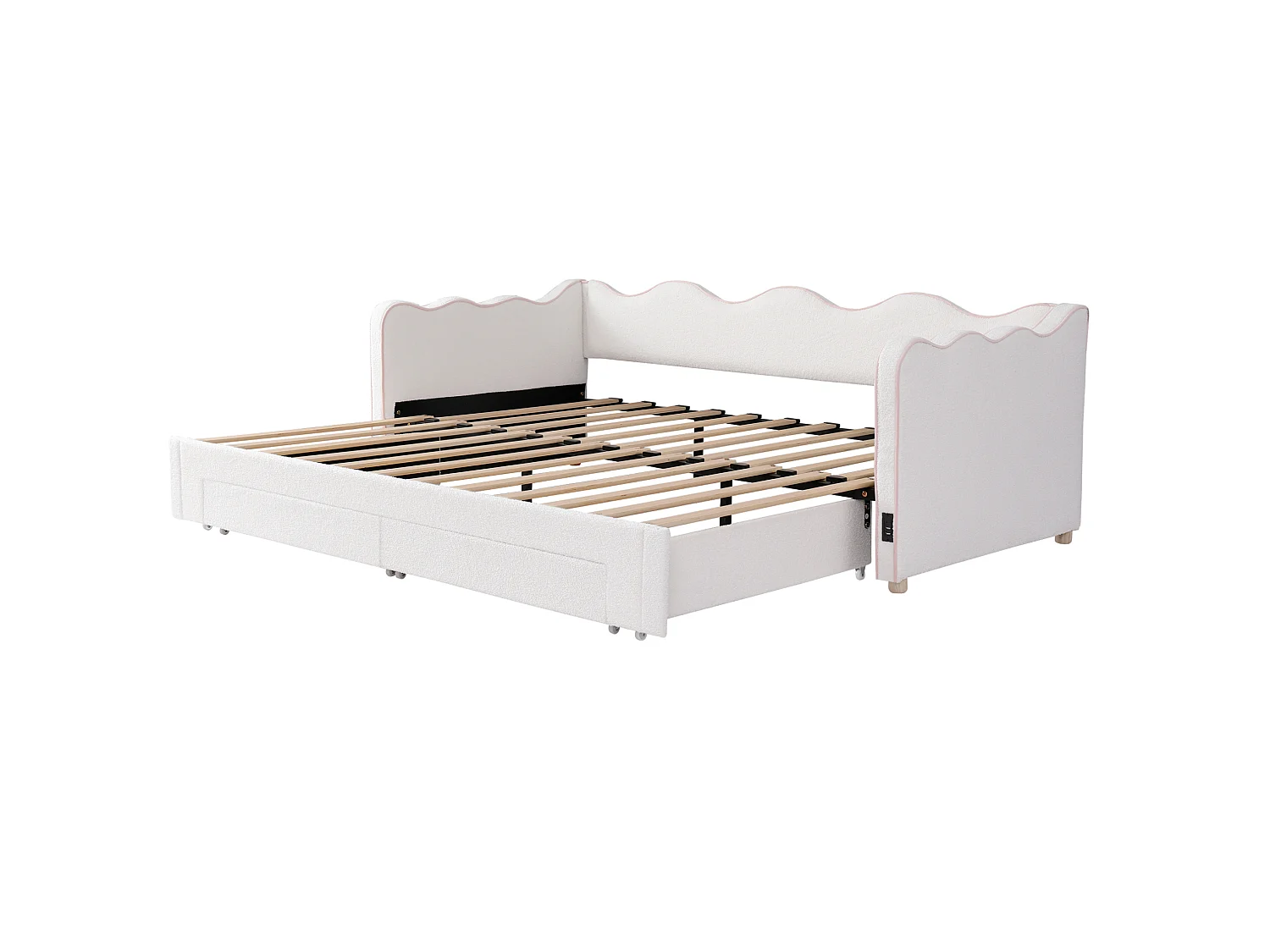 Sofá-cama de criança 90x200/180x200 cm com USB/Tipo-C e 2 gavetas - Tecido bouclé bege