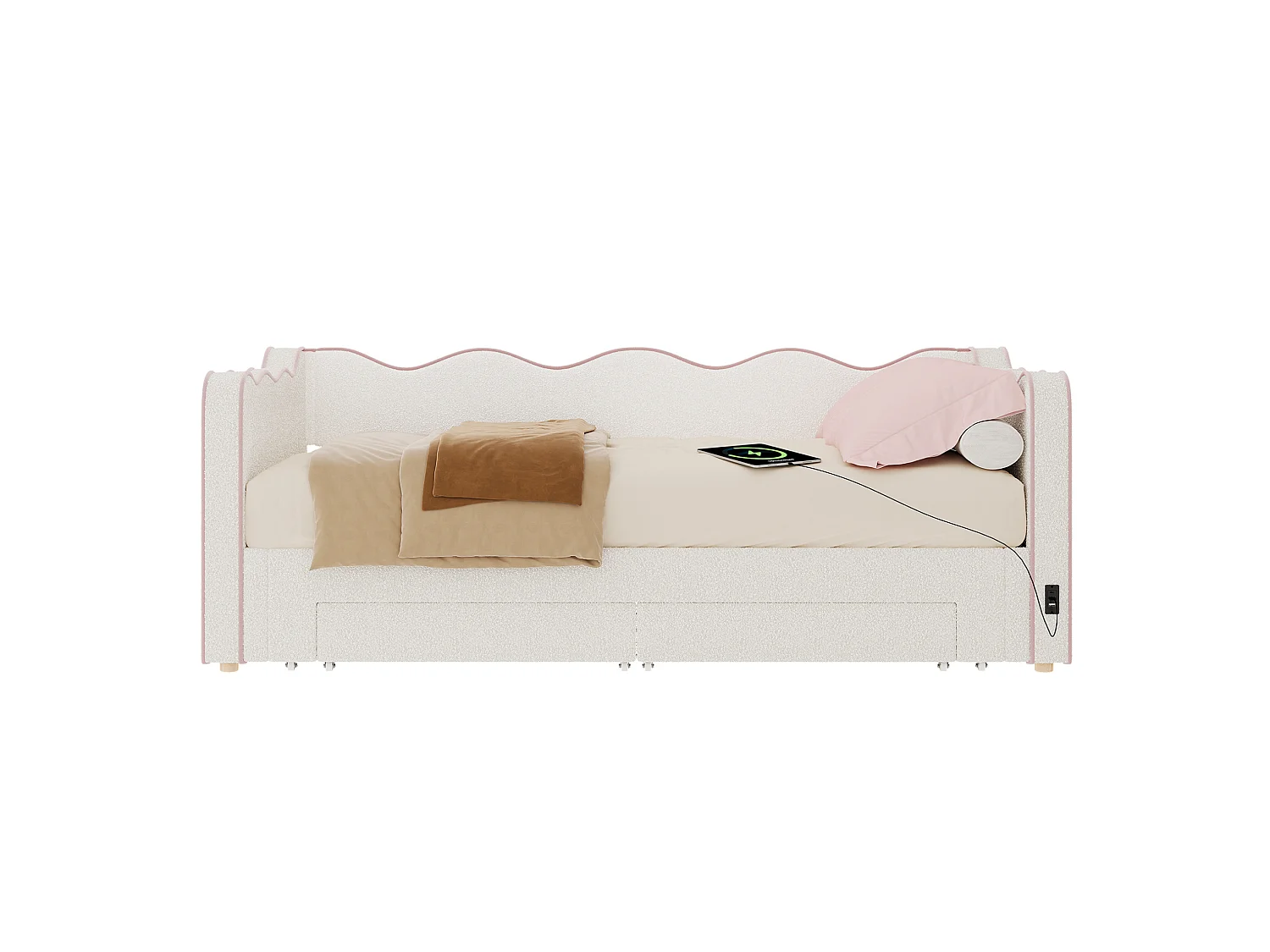 Sofá-cama de criança 90x200/180x200 cm com USB/Tipo-C e 2 gavetas - Tecido bouclé bege