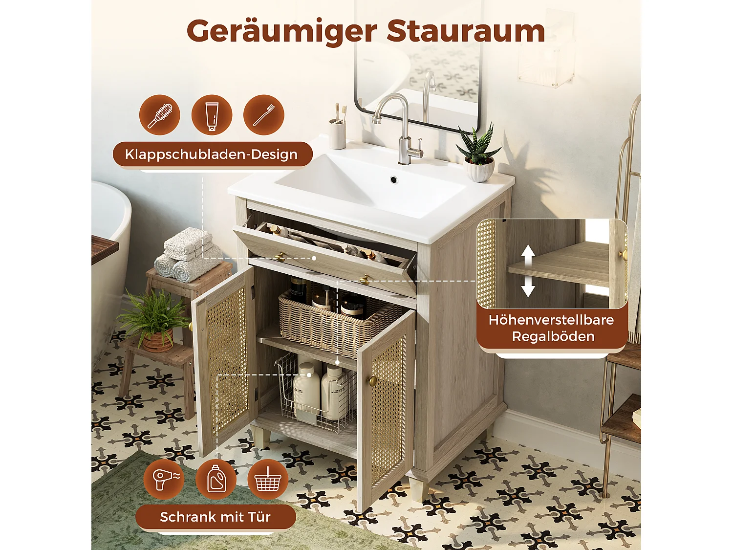Badrumsskåp 61cm med Keramisk Tvättställ - Under-tvättställsställ med ben, Dörrar i Flätad Rotting, Justerbara Hyllor, Naturlig Bohemisk Design