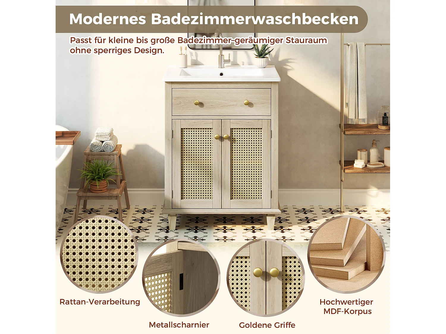 Badrumsskåp 61cm med Keramisk Tvättställ - Under-tvättställsställ med ben, Dörrar i Flätad Rotting, Justerbara Hyllor, Naturlig Bohemisk Design