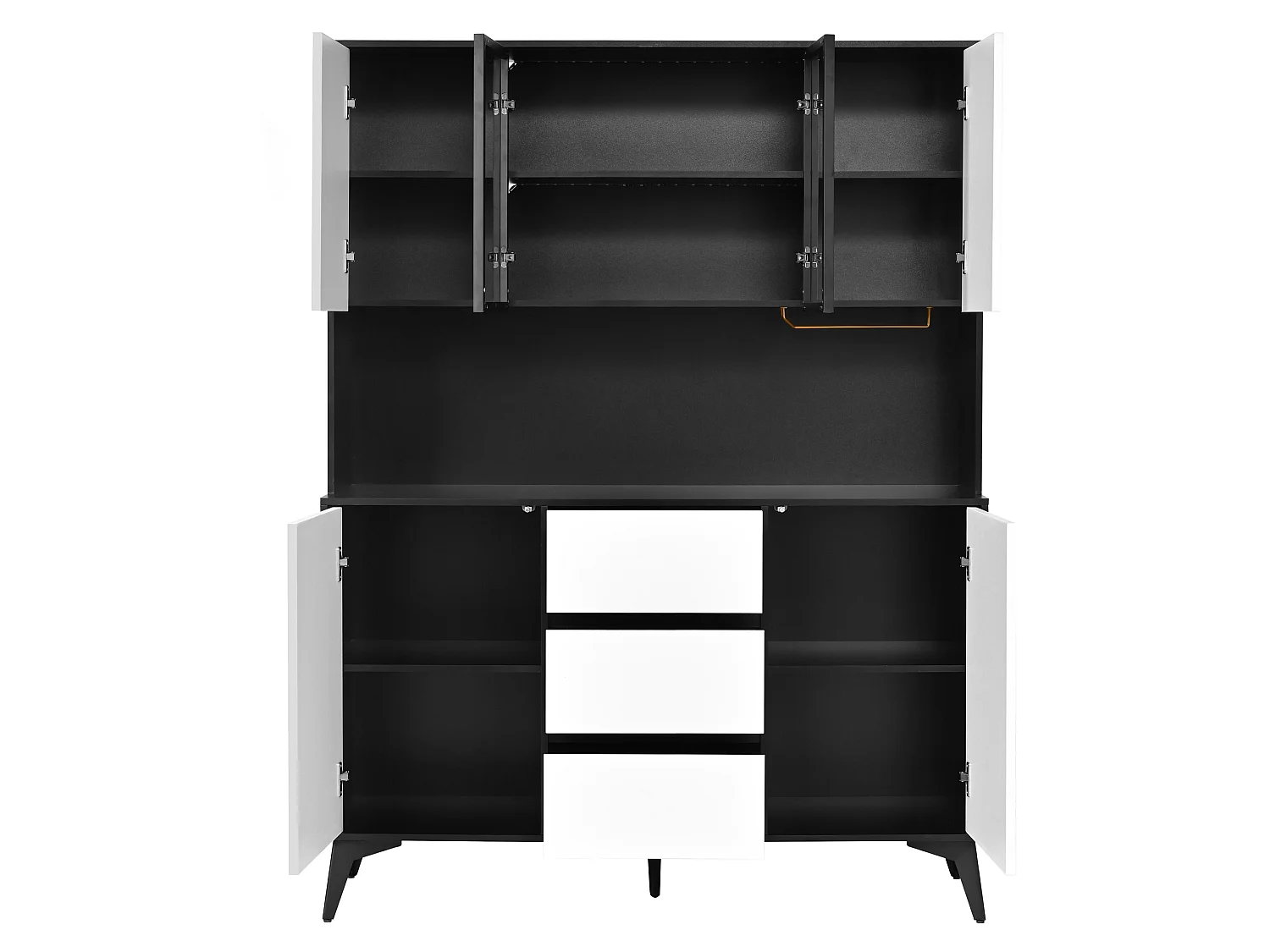 Aparador de cozinha com iluminação LED, 3 gavetas e 6 portas - Preto e branco