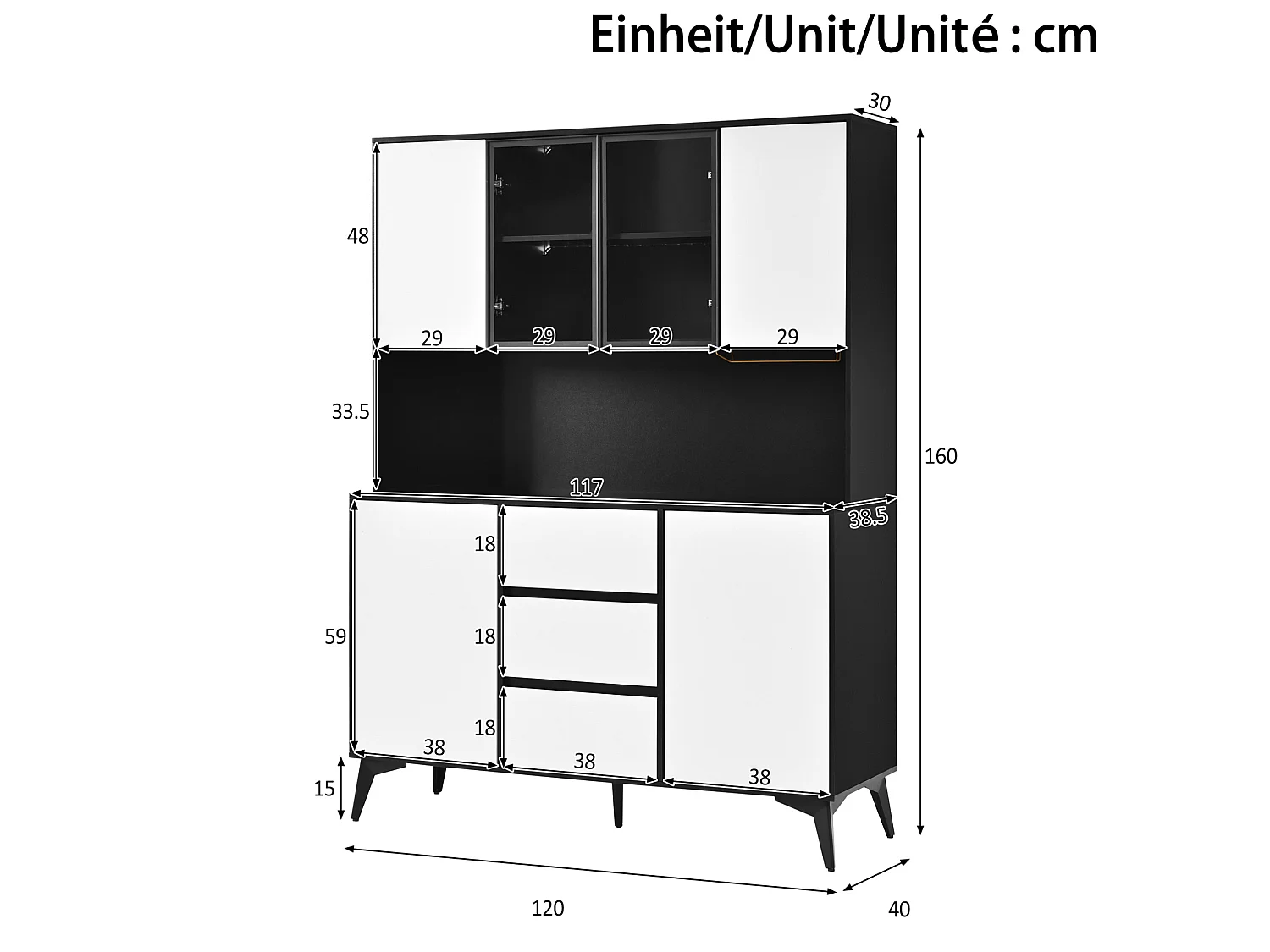 Aparador de cozinha com iluminação LED, 3 gavetas e 6 portas - Preto e branco