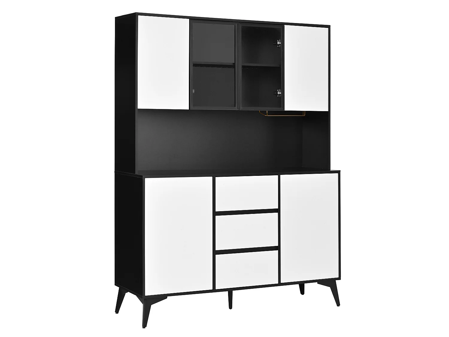 Aparador de cozinha com iluminação LED, 3 gavetas e 6 portas - Preto e branco