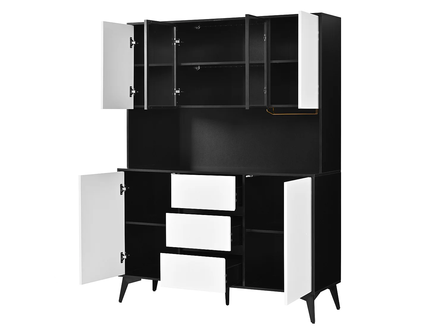 Aparador de cozinha com iluminação LED, 3 gavetas e 6 portas - Preto e branco
