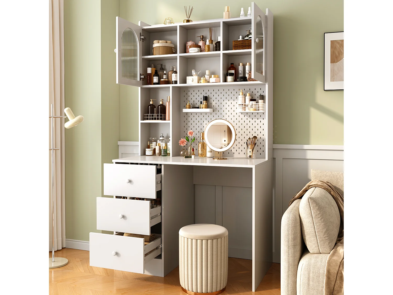 Modern bureau 100x55x180 cm - met geïntegreerde opbergruimte - met 3 laden en vitrinekast met glazen deur - Wit