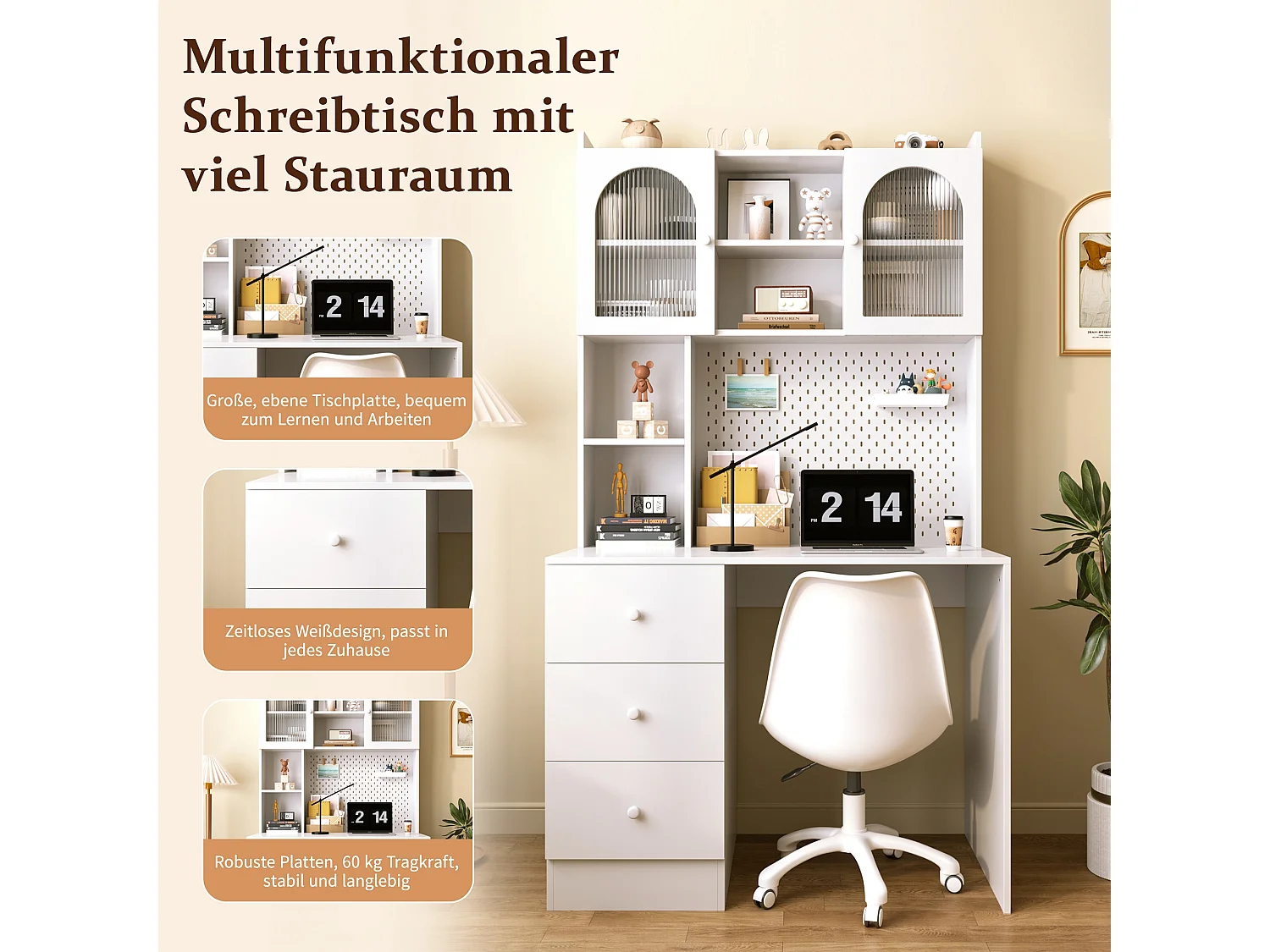 Modern bureau 100x55x180 cm - met geïntegreerde opbergruimte - met 3 laden en vitrinekast met glazen deur - Wit