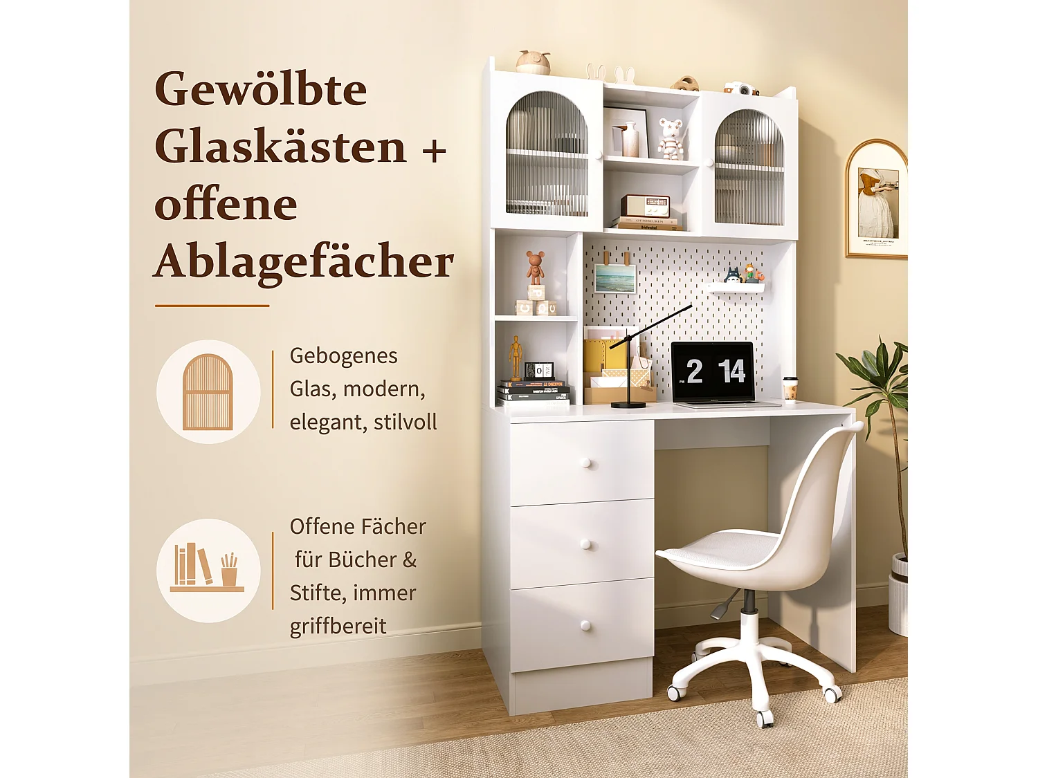 Modern bureau 100x55x180 cm - met geïntegreerde opbergruimte - met 3 laden en vitrinekast met glazen deur - Wit