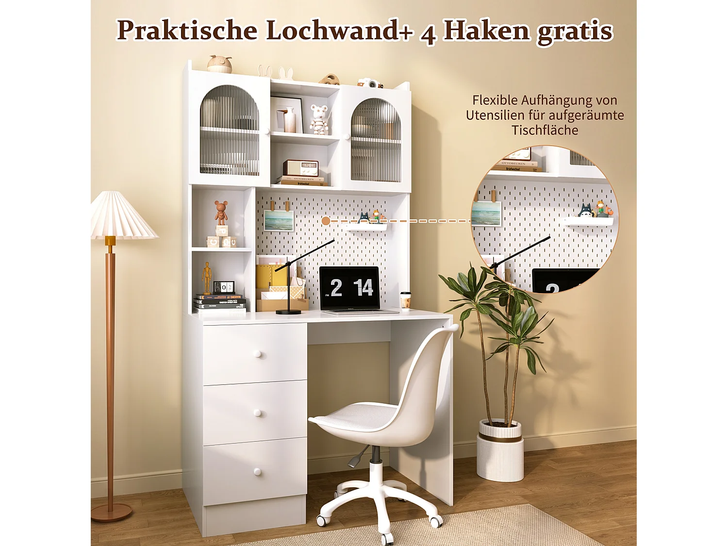 Modern bureau 100x55x180 cm - met geïntegreerde opbergruimte - met 3 laden en vitrinekast met glazen deur - Wit