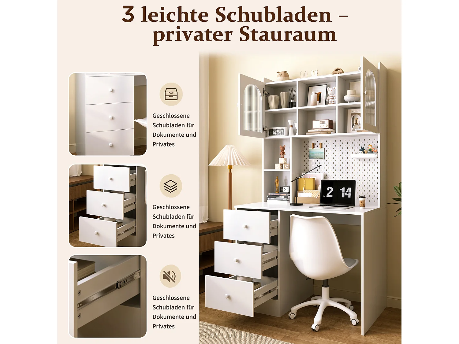 Modern bureau 100x55x180 cm - met geïntegreerde opbergruimte - met 3 laden en vitrinekast met glazen deur - Wit