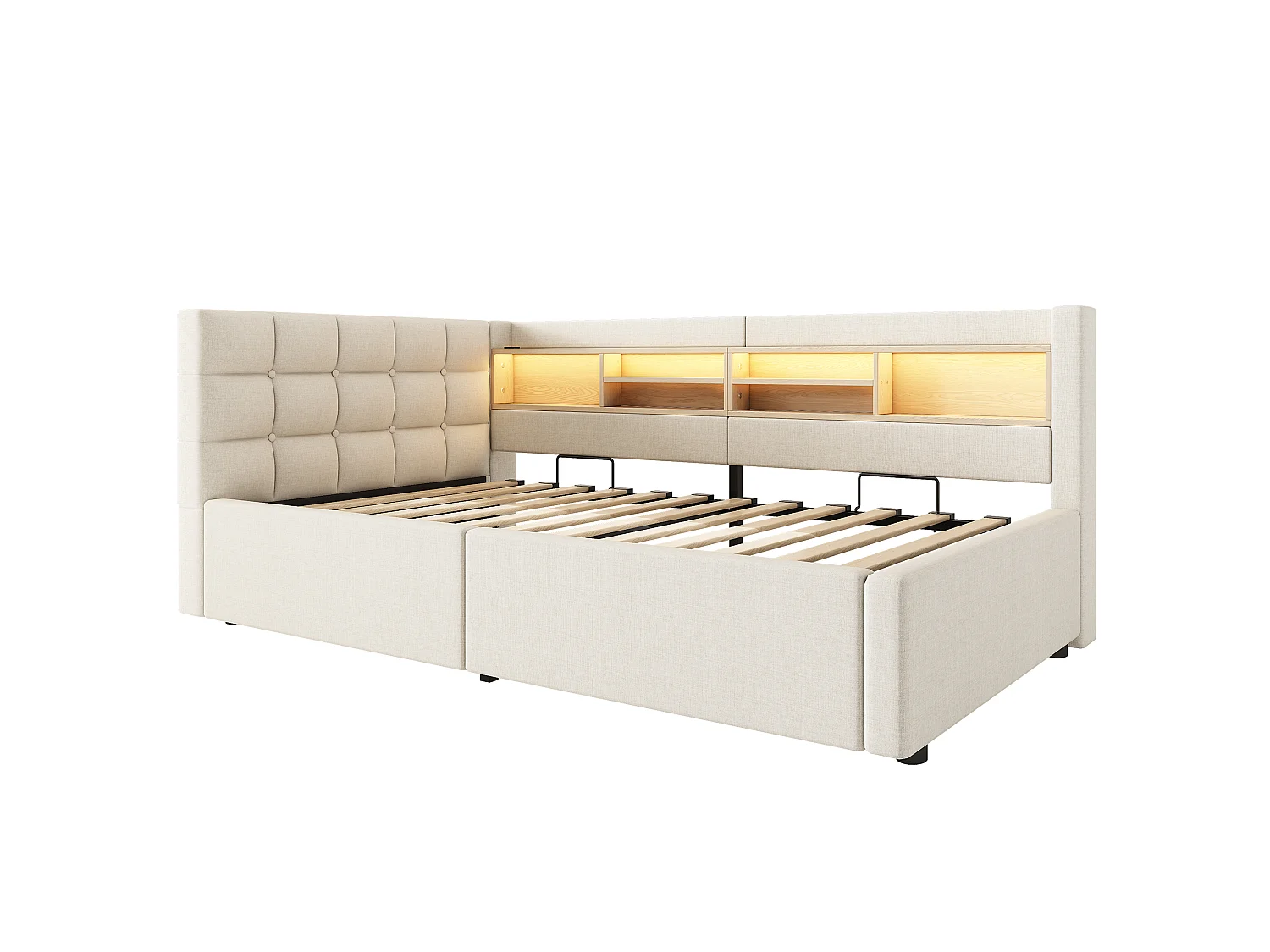 Soffbädd med förvaring 90x200cm - med LED-ljus - med hyllor och USB-port - beige (madrass ingår ej)