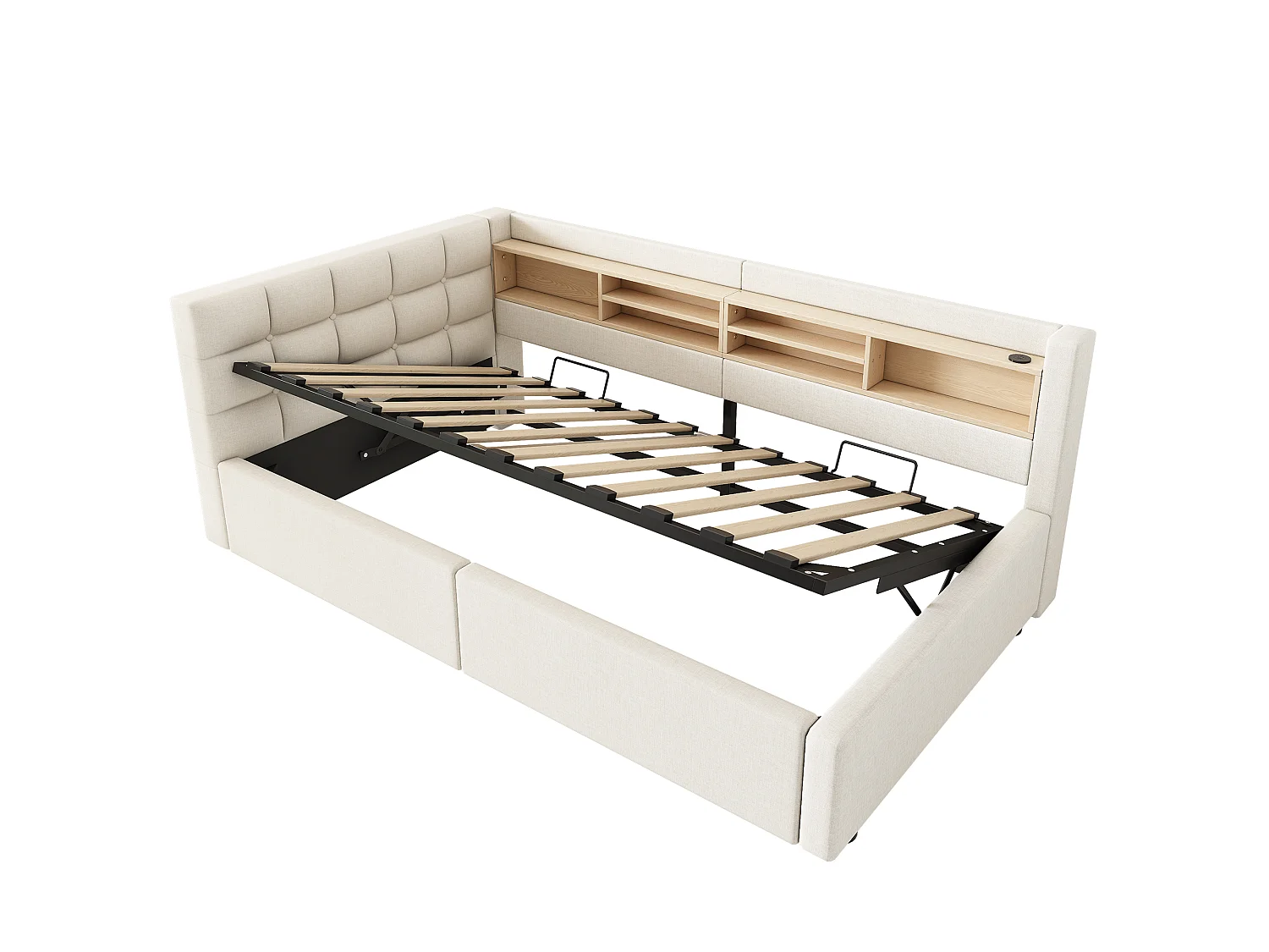 Soffbädd med förvaring 90x200cm - med LED-ljus - med hyllor och USB-port - beige (madrass ingår ej)